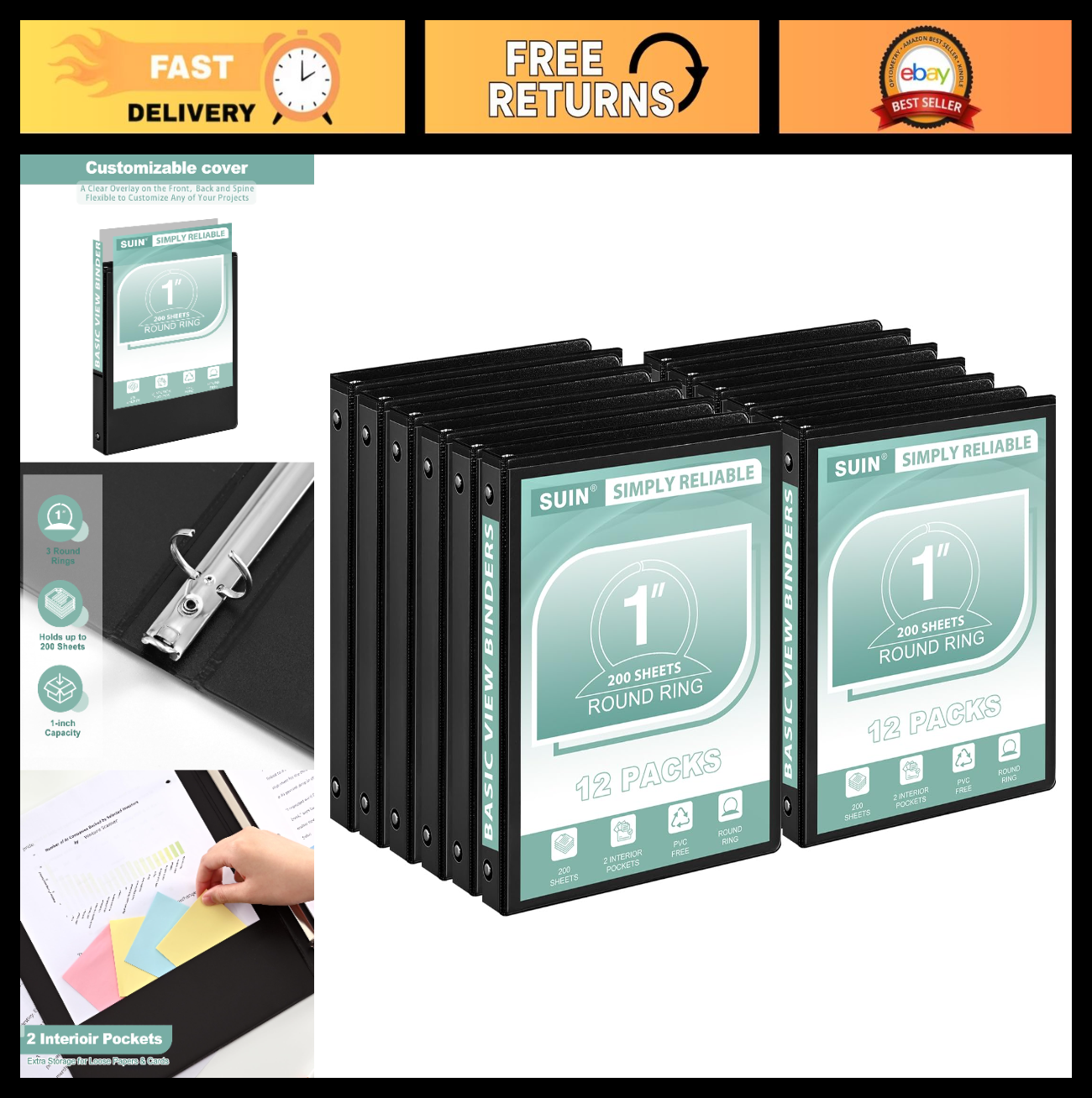 1-Inch 3-Ring Binder - Customizable Clear Cover for US Letter Size, 12 Pack0