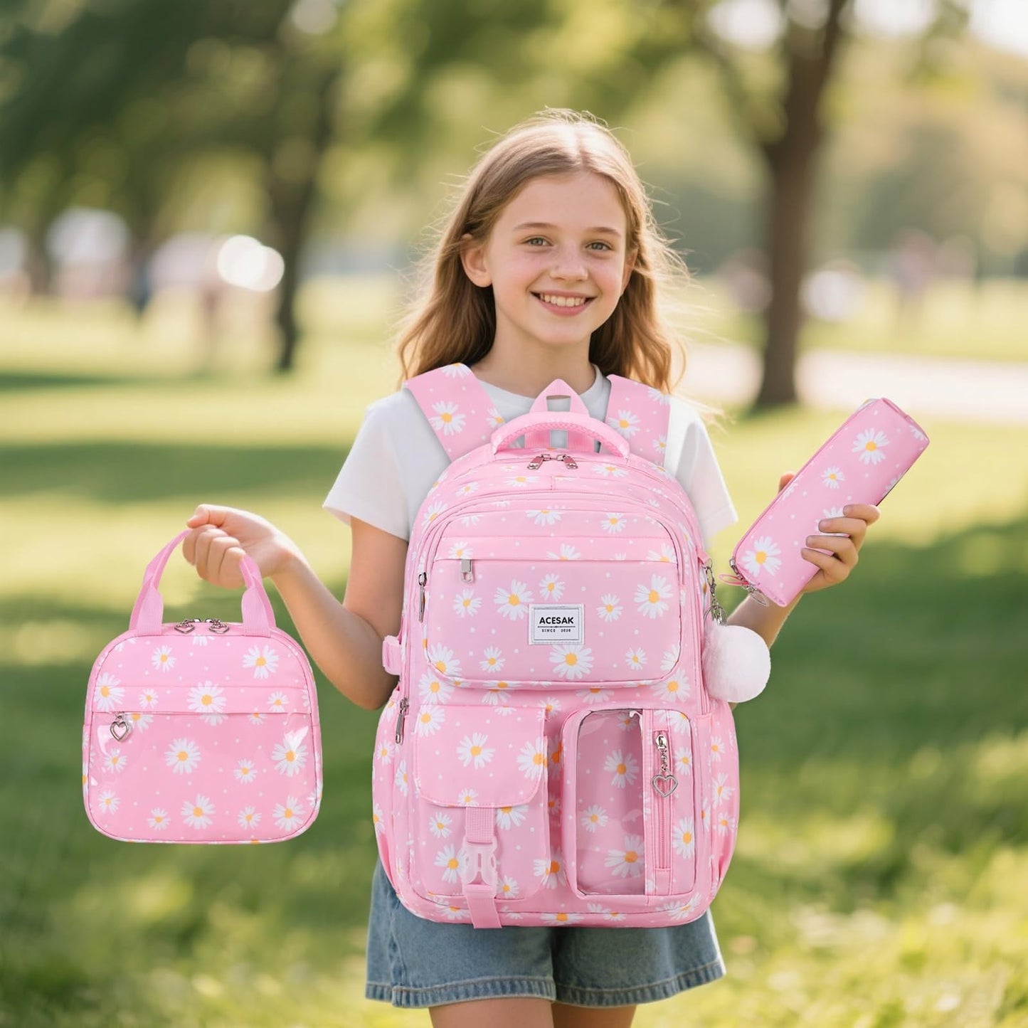 Stylish Girls Backpack with Lunch Bag & Pencil Pouch   Teen Laptop Bookbag, Pink2