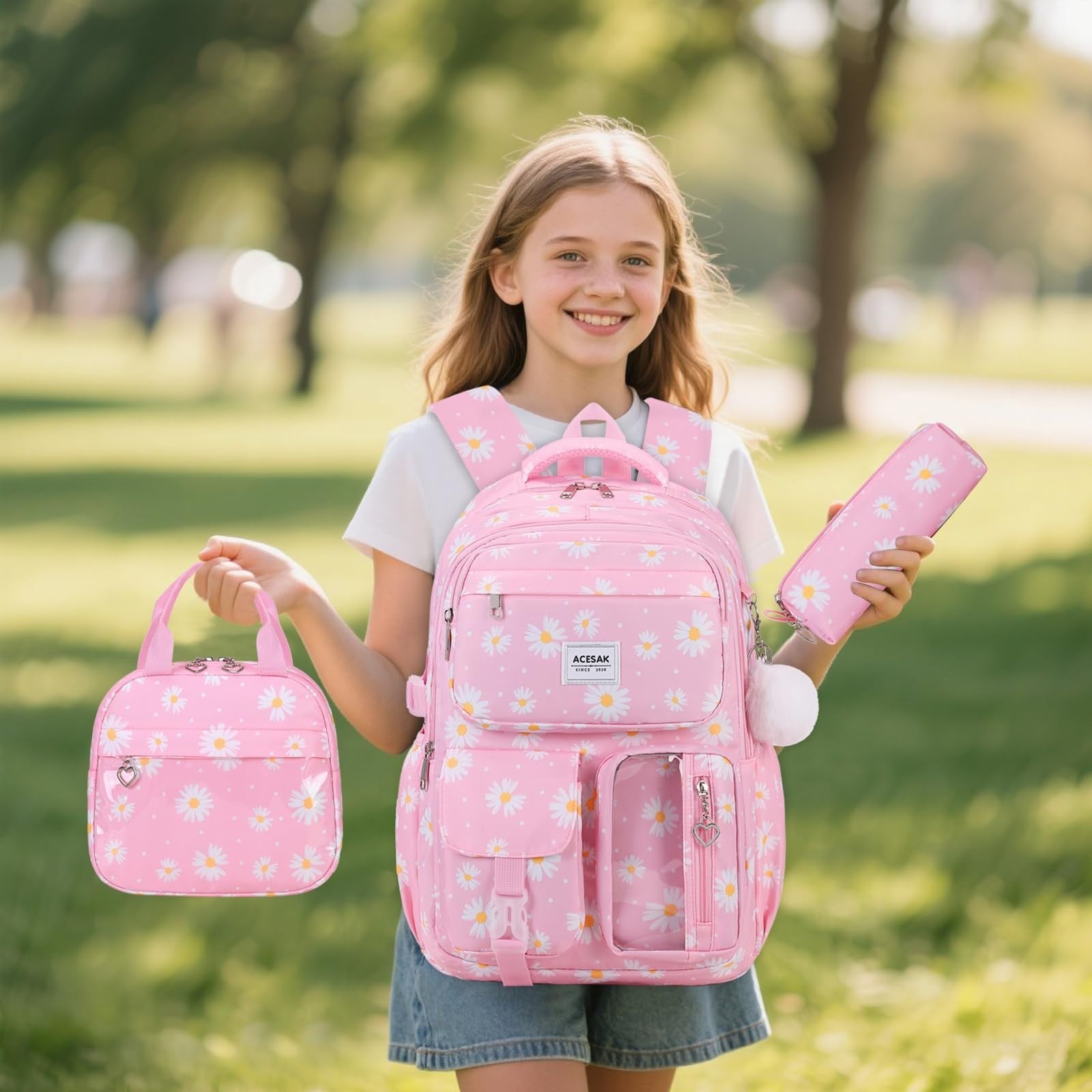 Stylish Girls Backpack with Lunch Bag & Pencil Pouch   Teen Laptop Bookbag, Pink2