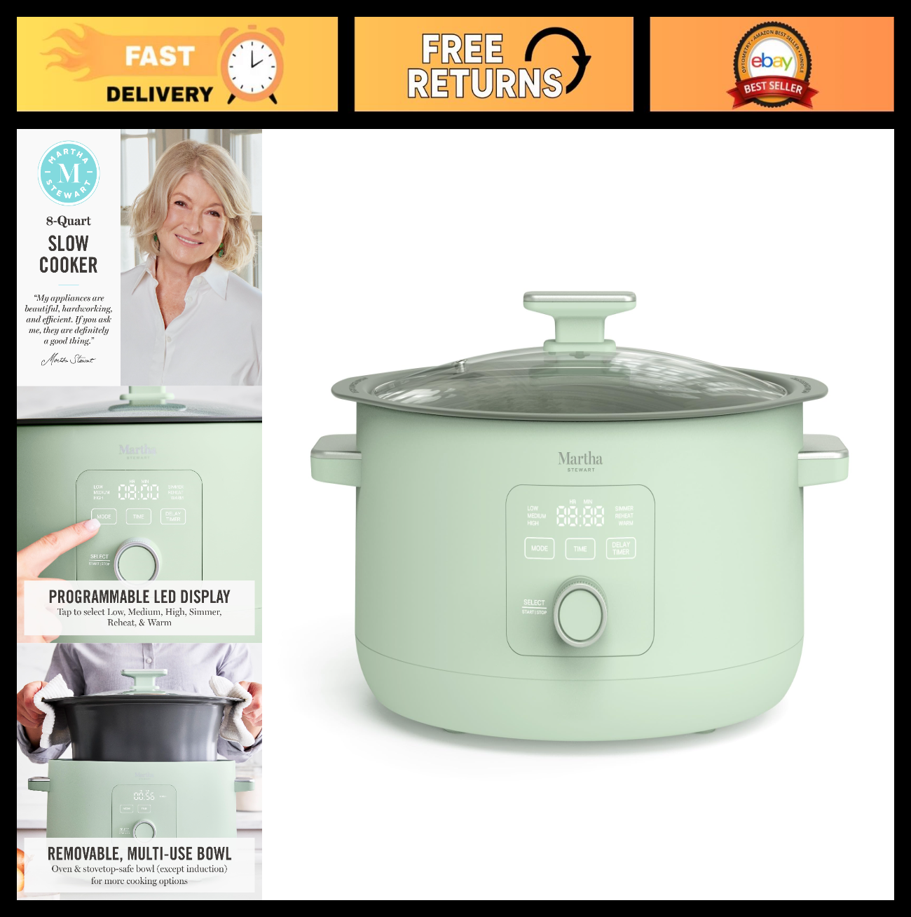 8 Quart Programmable Slow Cooker - Ceramic Nonstick, Timer, 3 Settings, Glass Li0