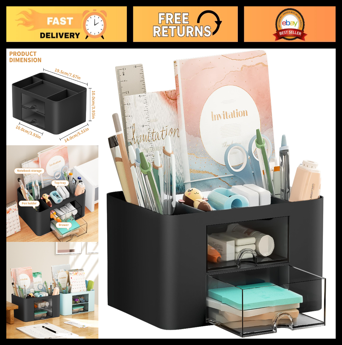 Multi Functional Desk Organizer with 2 Drawers, 5 Compartments for Office Suppli0