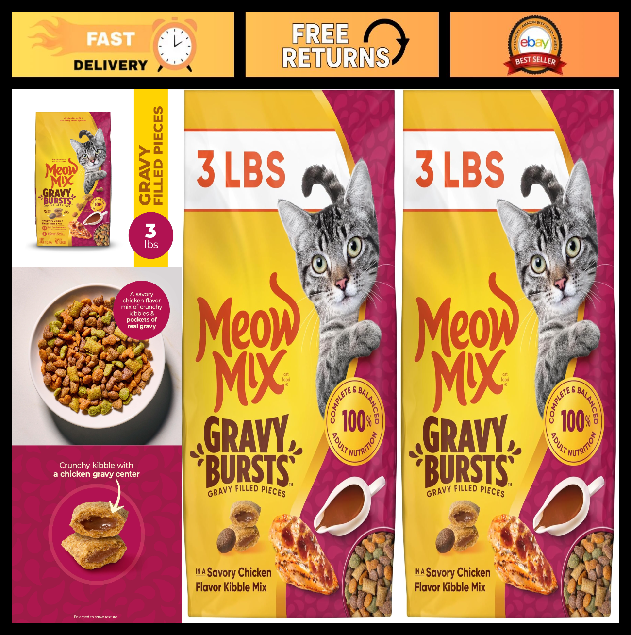 Savory Chicken Gravy Bursts Dry Cat Food, 3 lb Bag, Pack of 2   Grain Free Treat0