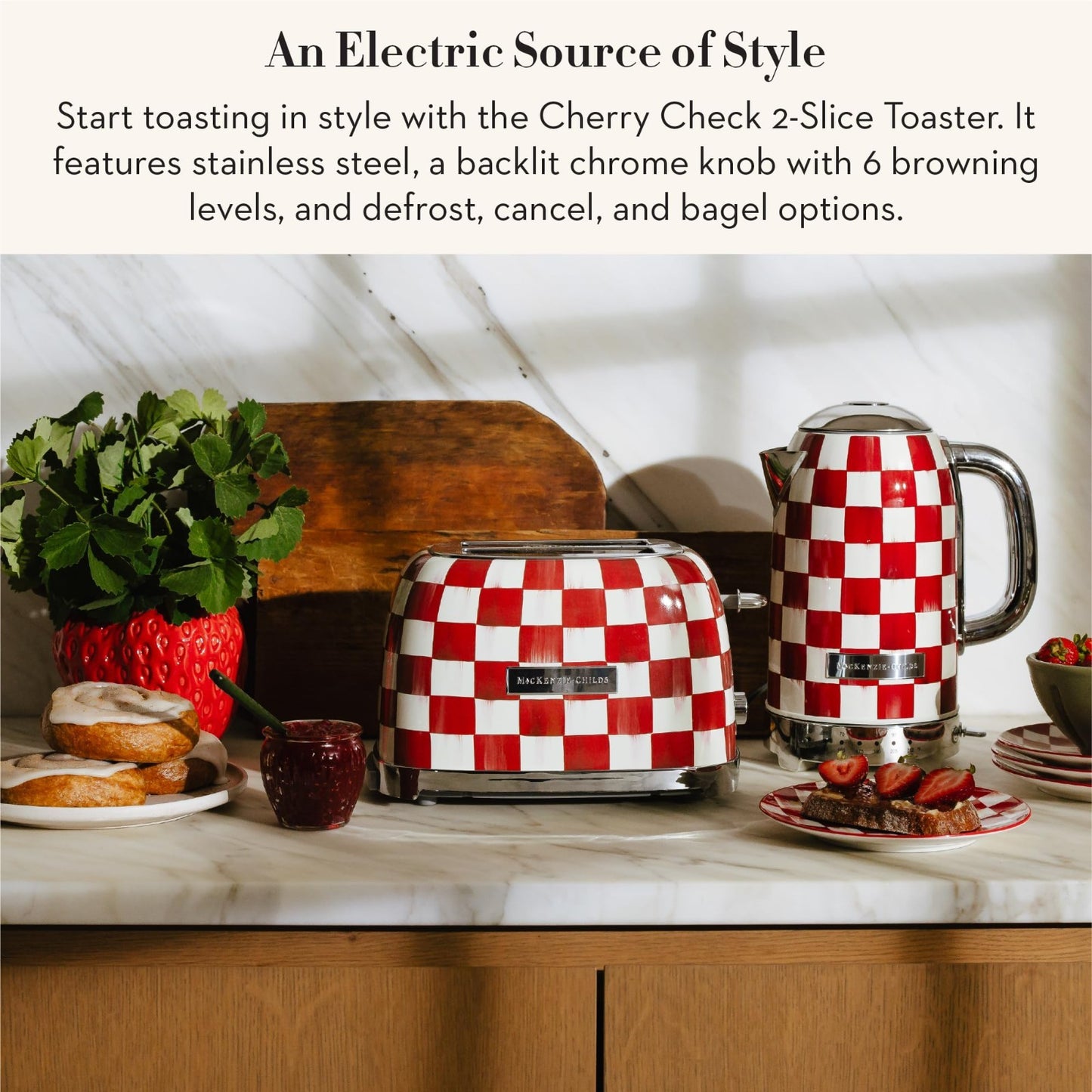 Decorative 2-Slice Toaster for Kitchen, Red and White Cherry Check Design2