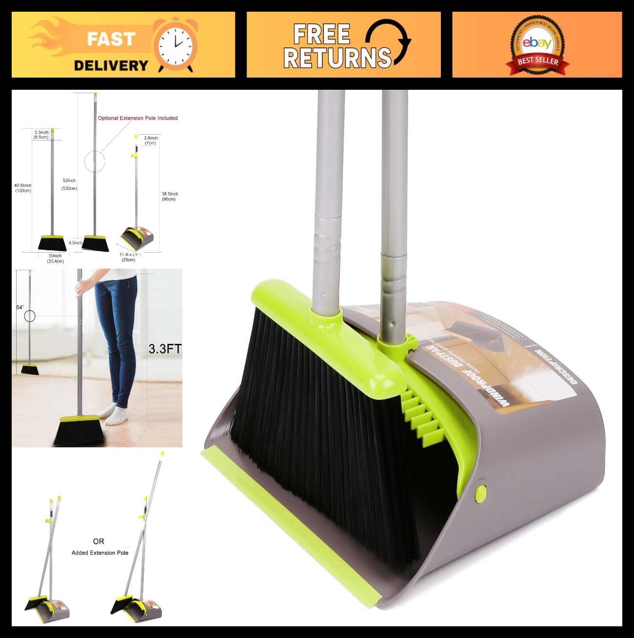 Broom and Dustpan Set with Long Handle - Upright Combo for Home & Office Cleanin0
