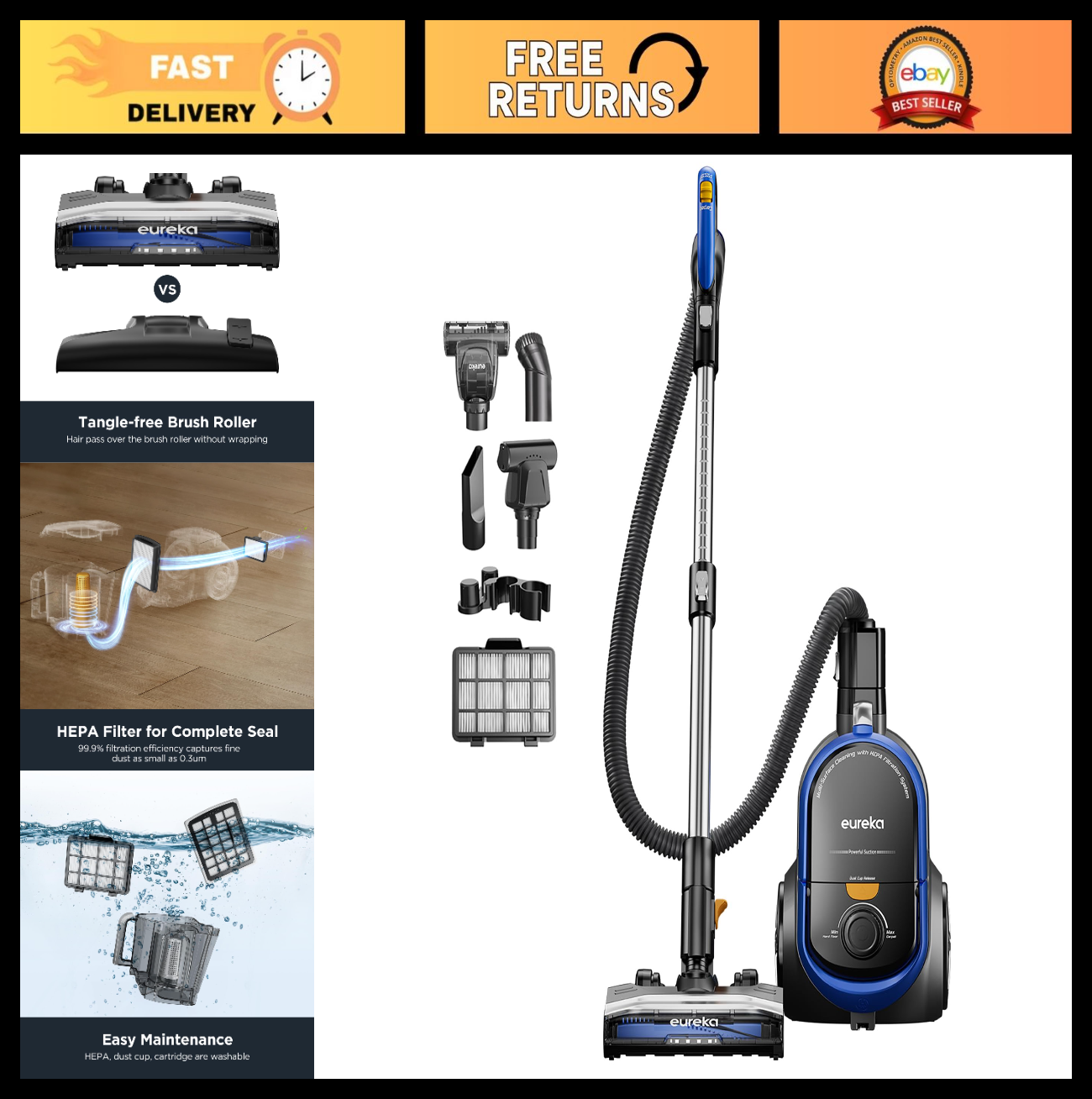 Lightweight Canister Vacuum Cleaner for Home & Pet Hair, HEPA, Auto Cord Rewind,0