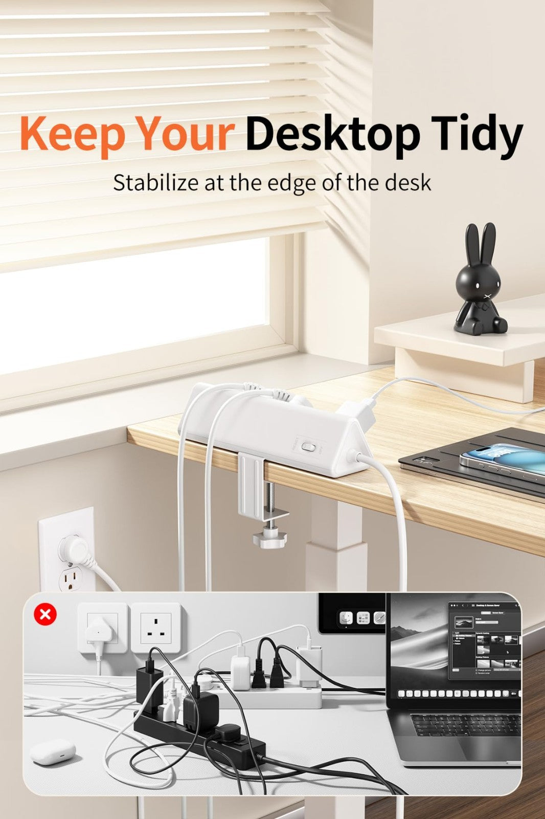 6.5FT Desk Clamp Power Strip   5 AC Outlets, 6 USB Ports, PD 40W Fast Charging4