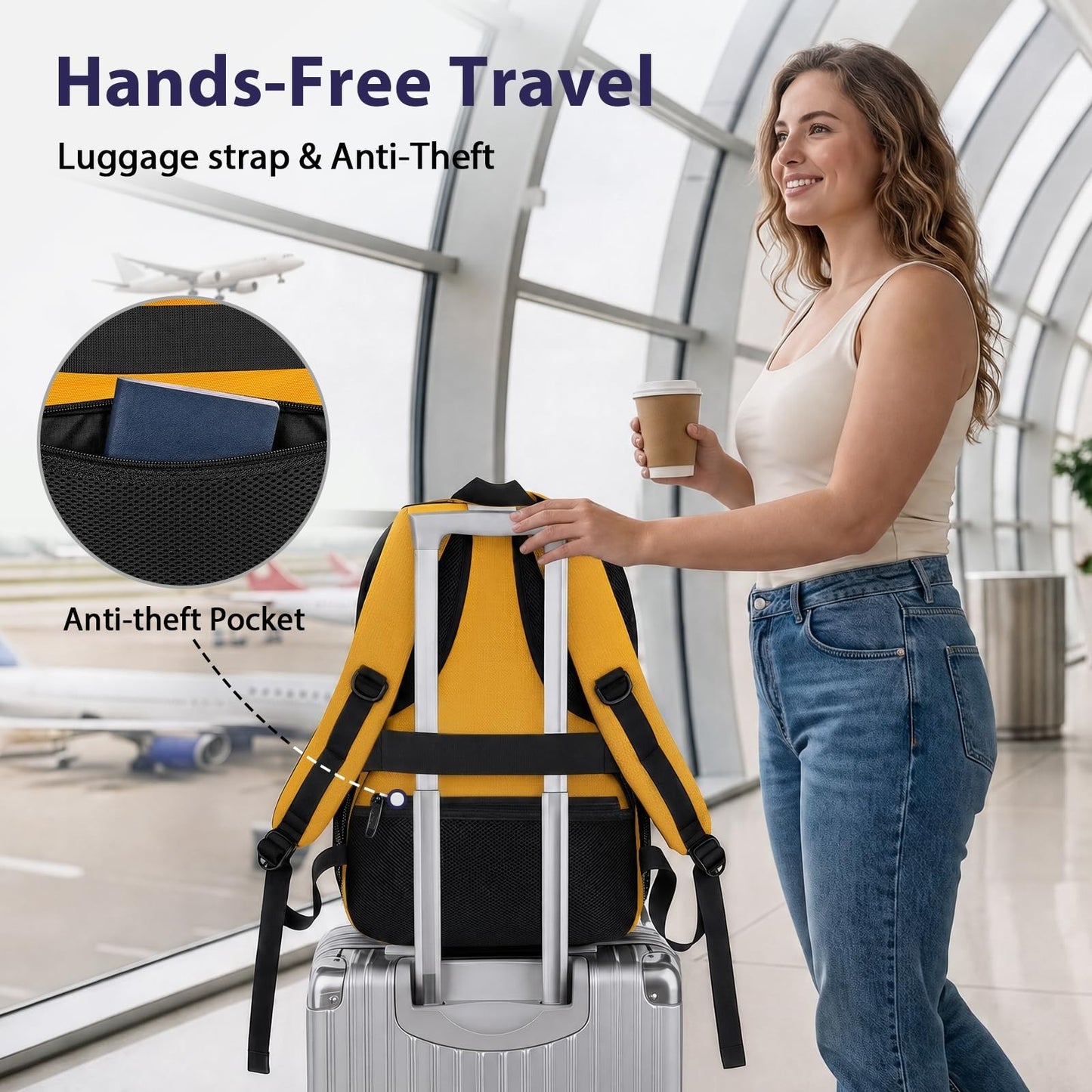 Water Resistant Yellow Backpack for Women, 17" Travel Carry On Bag, Stylish & Du3