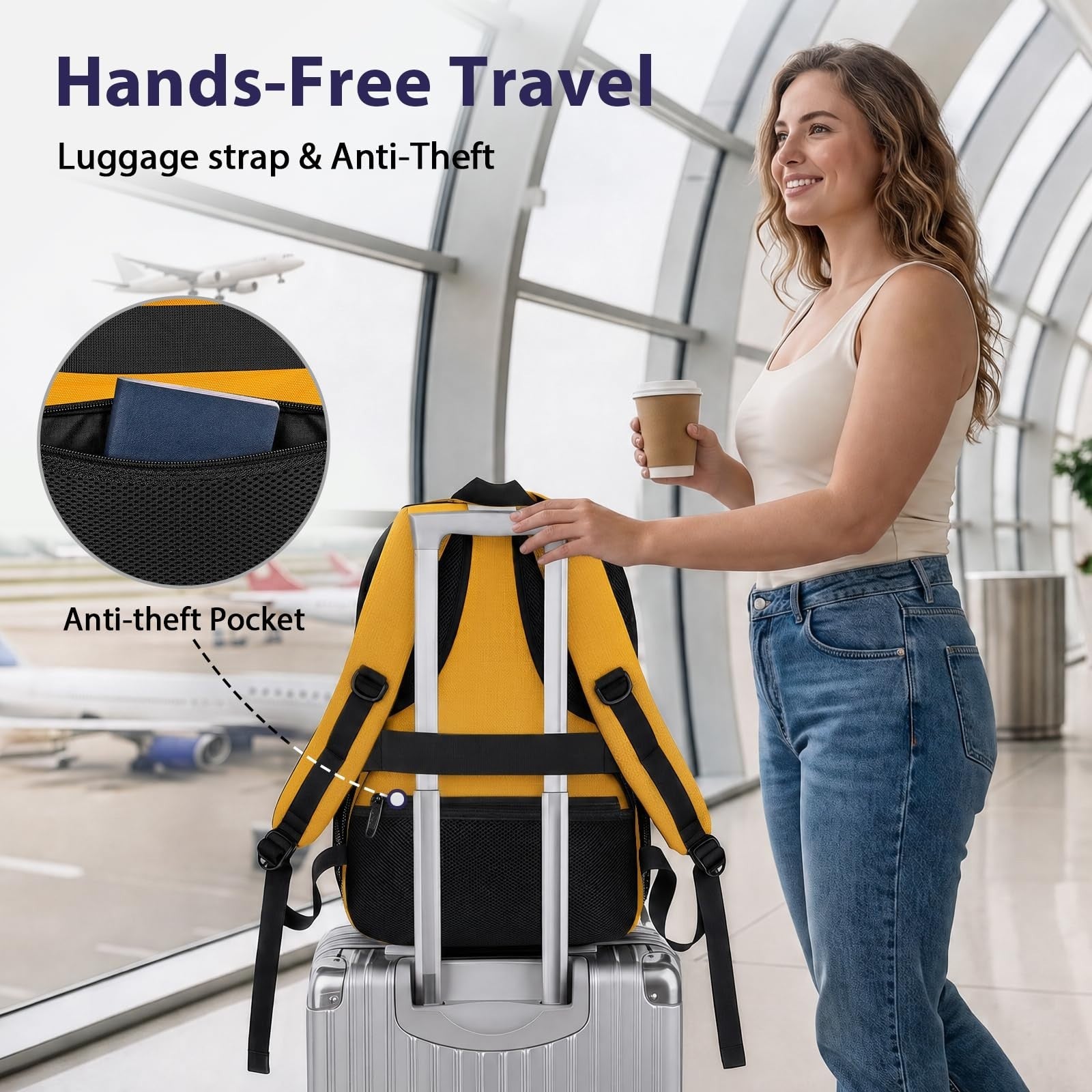 Water Resistant Yellow Backpack for Women, 17" Travel Carry On Bag, Stylish & Du3