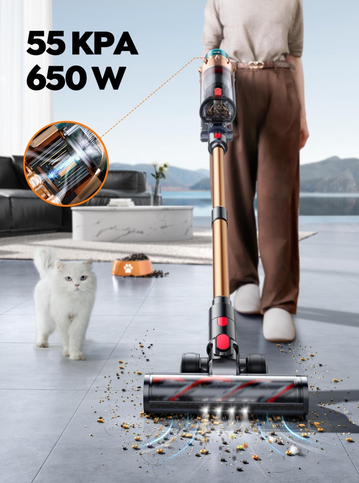 Powerful Cordless Vacuum Cleaner 55KPA 650W, 70Mins Runtime, Pet Hair, LED Touch2