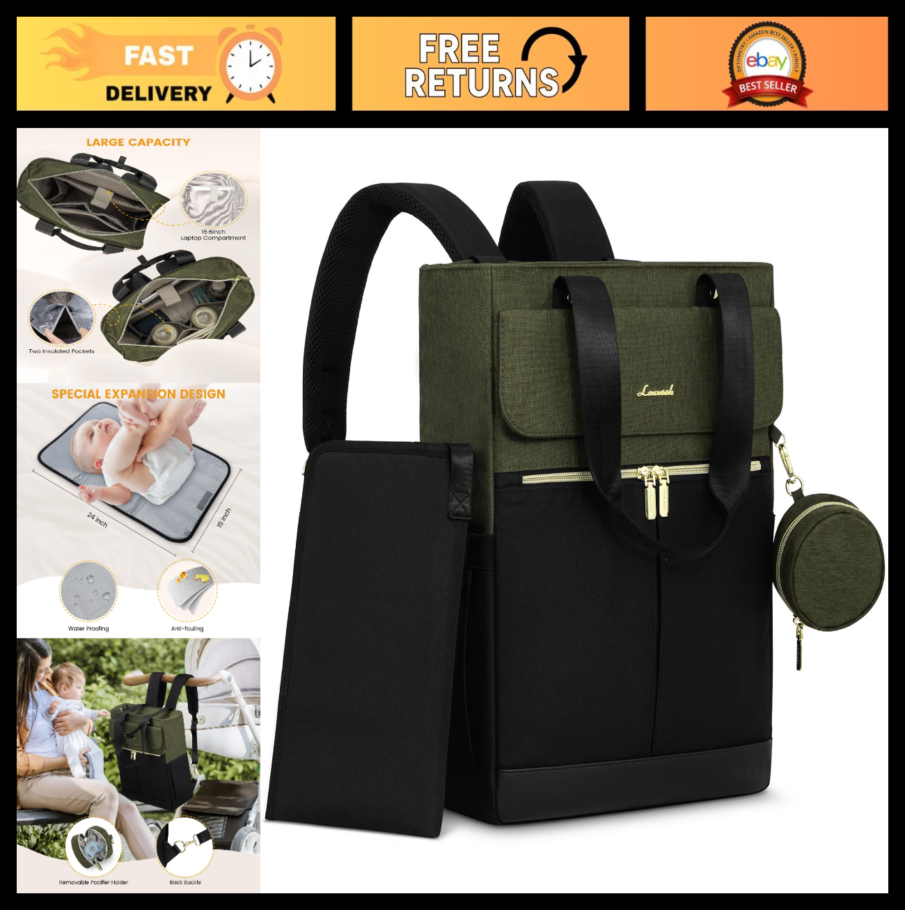 Stylish Diaper Bag Backpack & Tote with Insulated Pockets & Changing Pad0