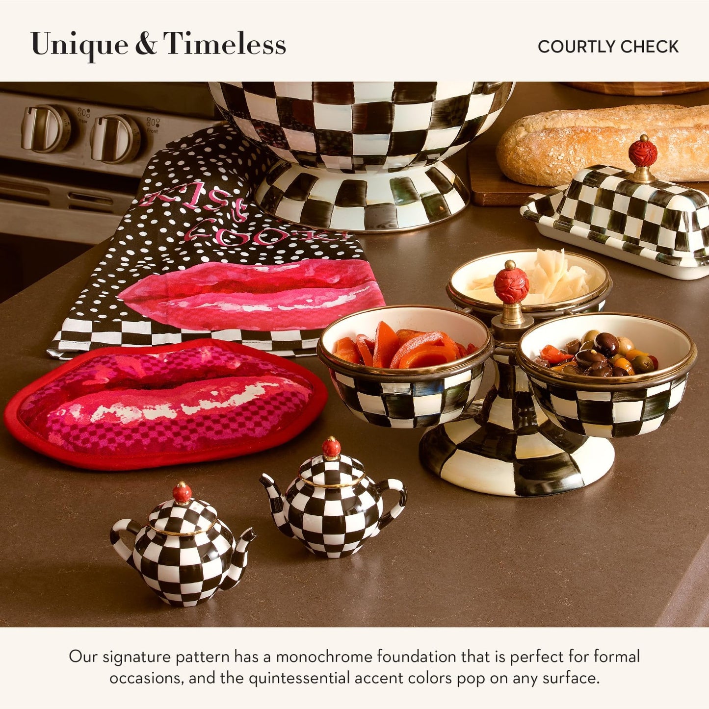 Ceramic Teapot Salt & Pepper Shaker Set - Black & White Checkered Holders2