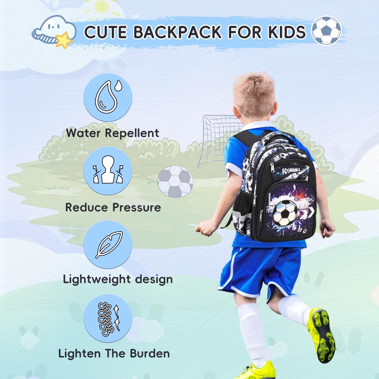 Lightweight Waterproof School Backpack for Kids, Large Capacity, Soccer Print, 15