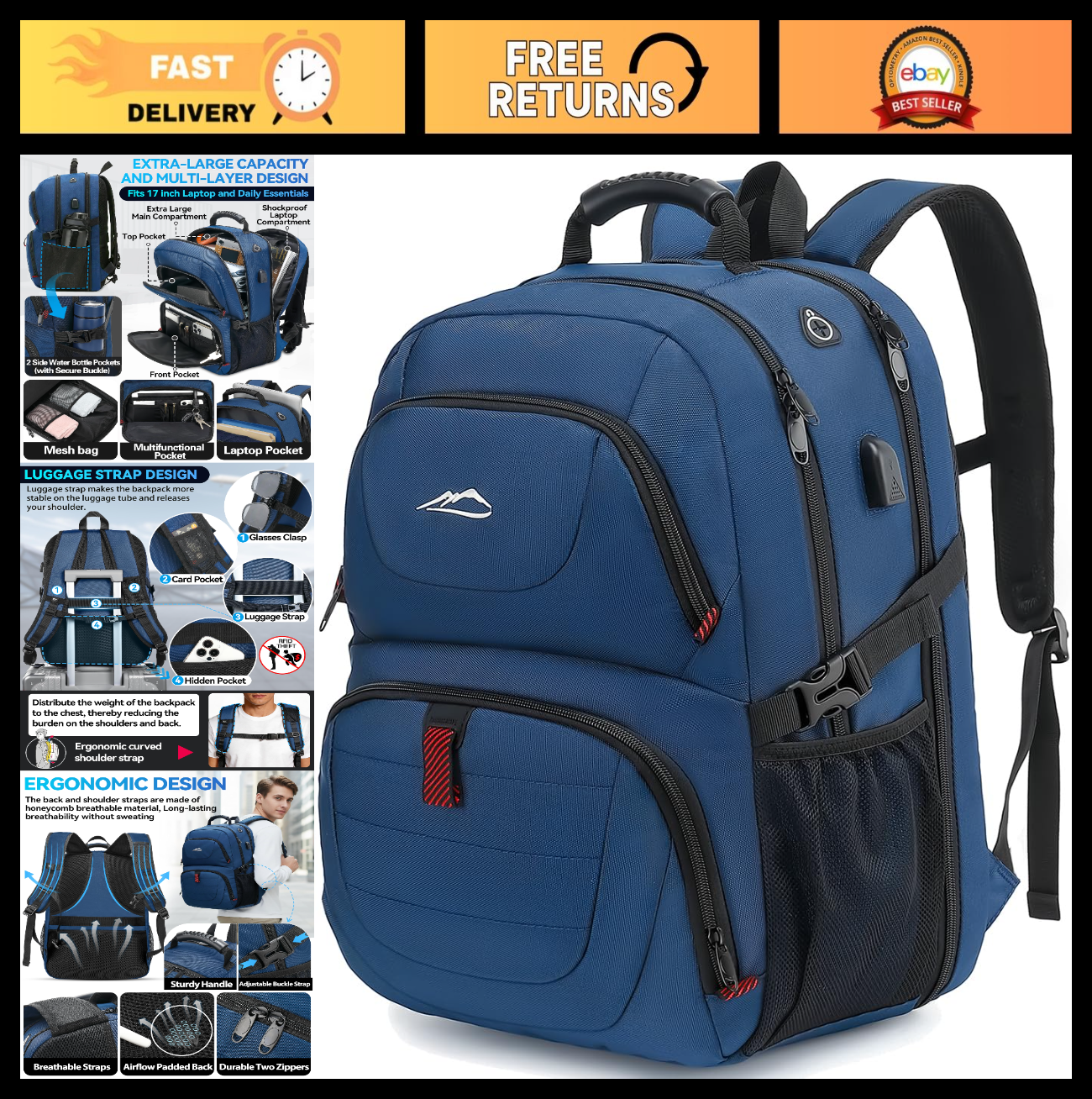Extra Large Anti Theft Travel Backpack for 17" Laptop, USB Charging, TSA Approve0