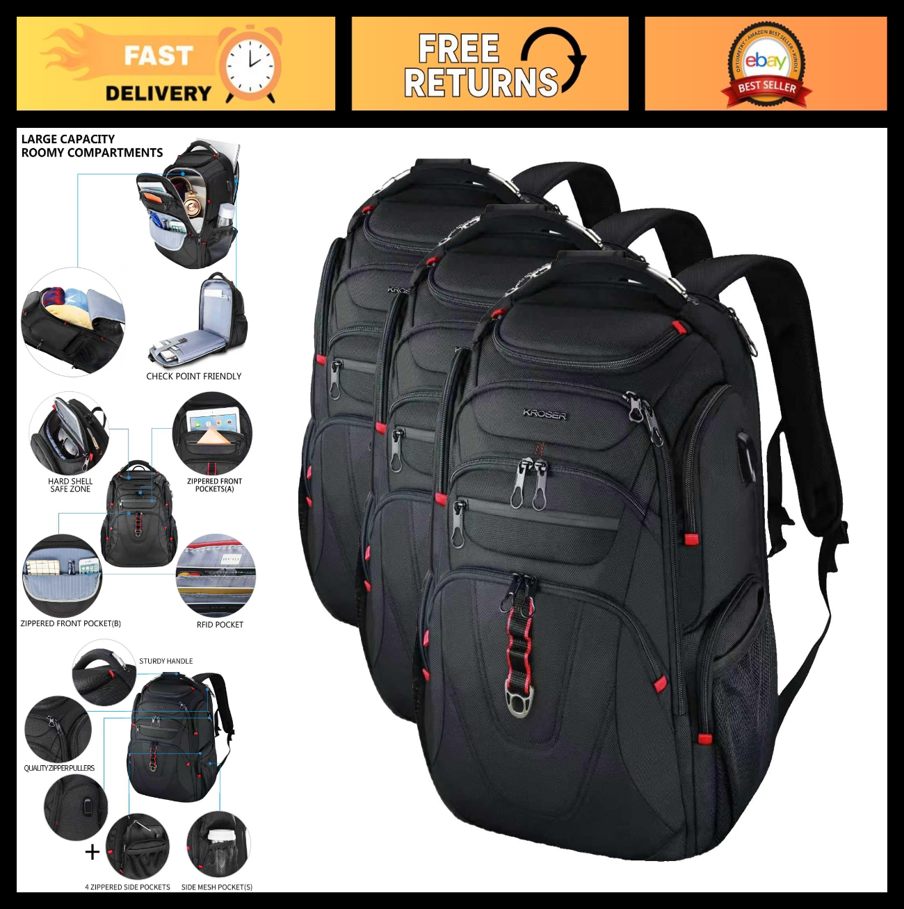 17.3" TSA Friendly Travel Laptop Backpack, Water Repellent College Daypack, RFID0