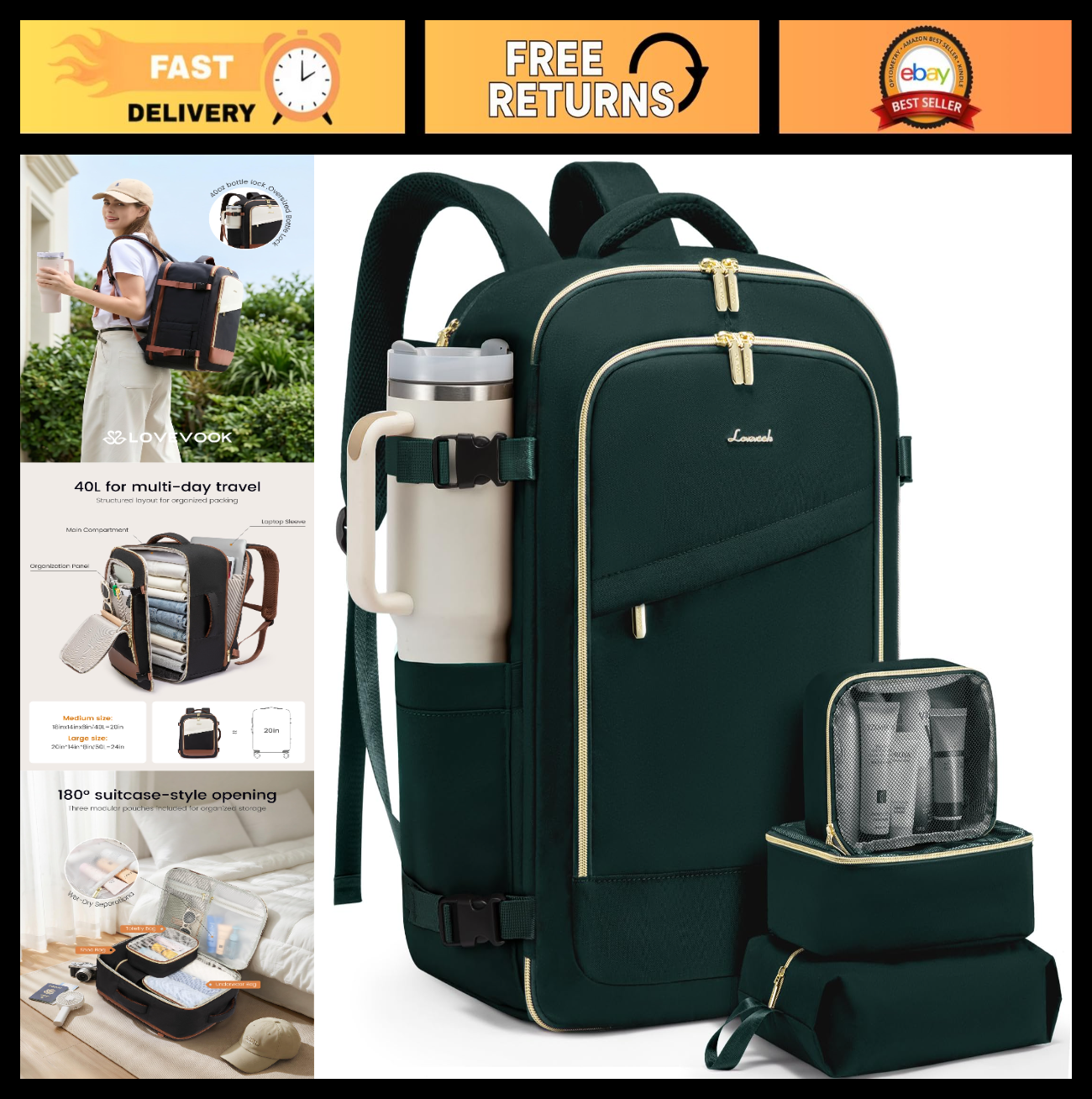 40L Travel Backpack for Women - Carry-On Approved, Fits 17" Laptop, Waterproof G0