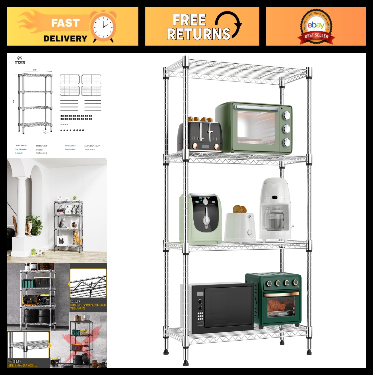 1000 lbs 4 Tier Metal Wire Storage Shelves   Garage, Kitchen, Bathroom Organizer0