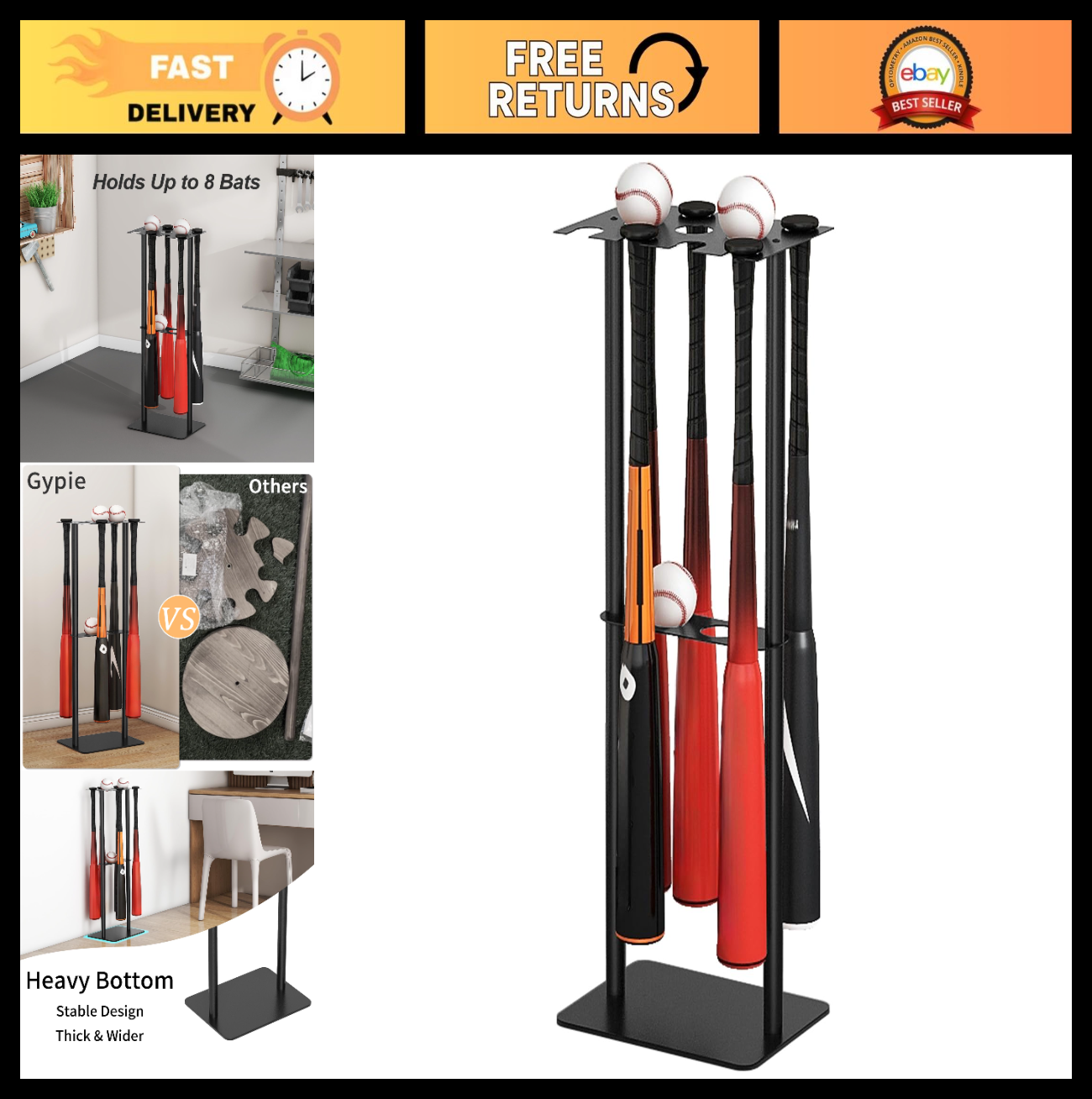Baseball Bat Holder Stand for 8 Bats & 5 Balls   Softball Display Rack, Black0