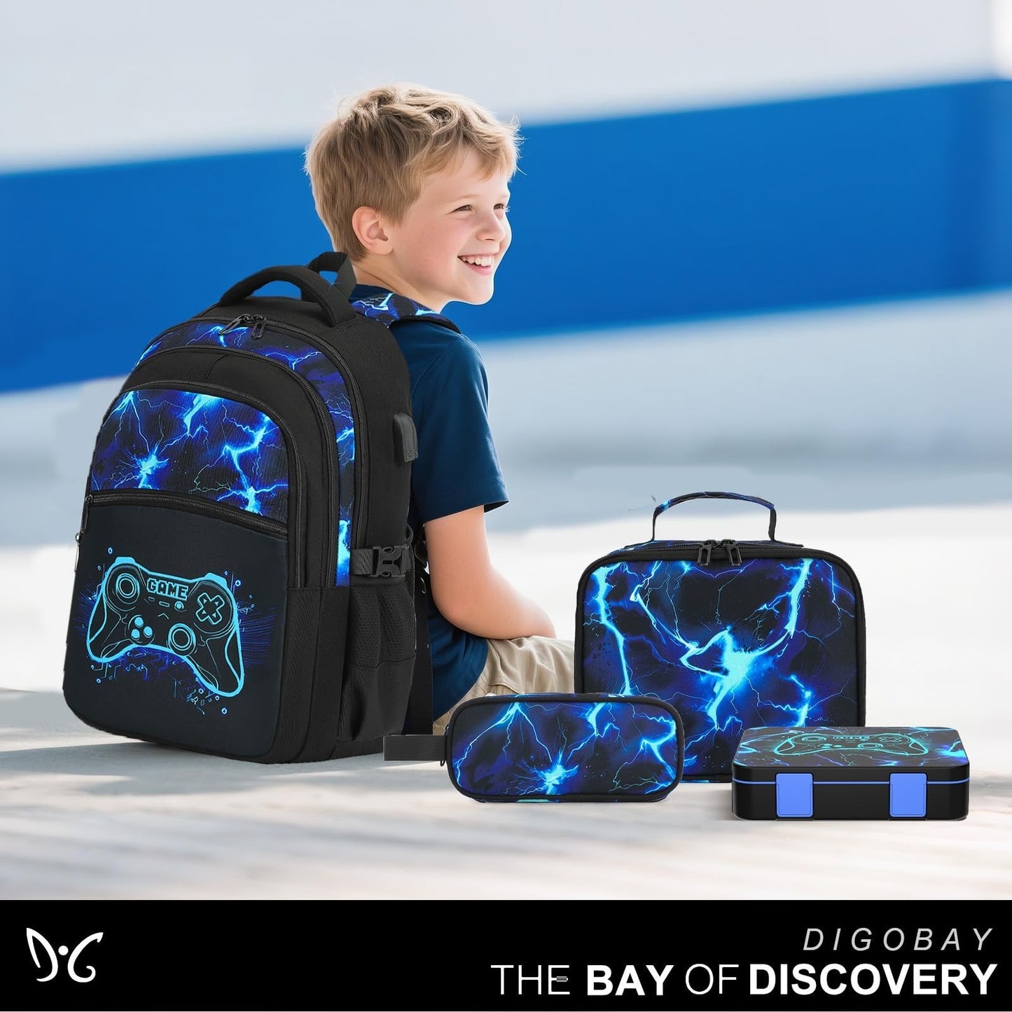 Cool Luminous Gamer Backpack Set for Boys   6PCS with Lunch Bag & Pencil Case, S8