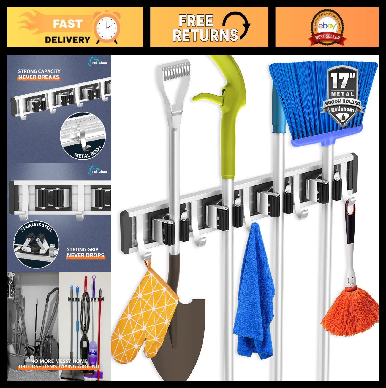 Wall Mount Broom Holder & Mop Hanger Organizer - 4 Racks & 5 Hooks Storage Solut0