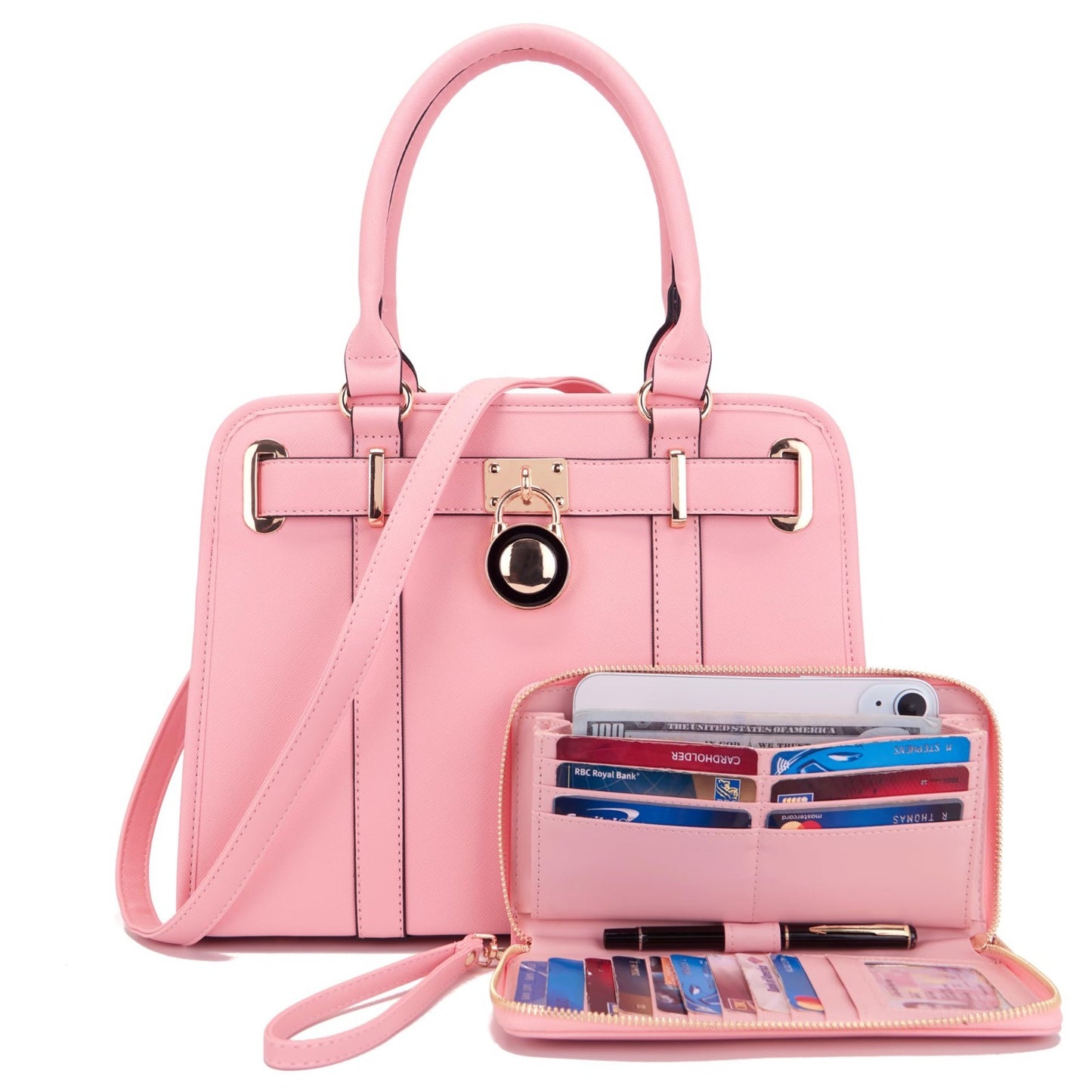 Stylish Women's Structured Satchel Tote Handbag Set with RFID Wallet - Fashionab6