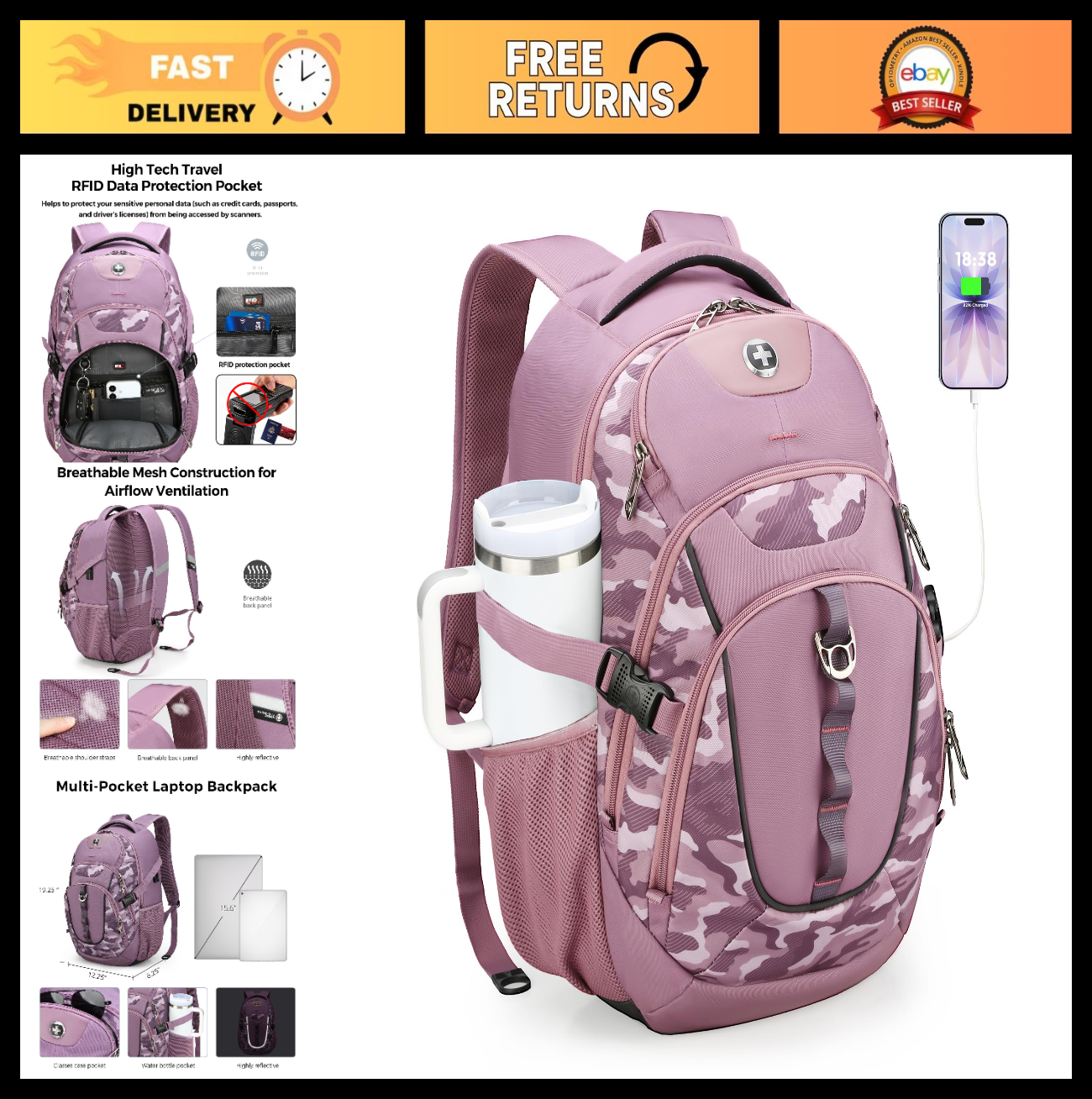 Stylish Pink Camo Laptop Backpack with USB Charging, Fits 15.6" Computer, 31L Tr0