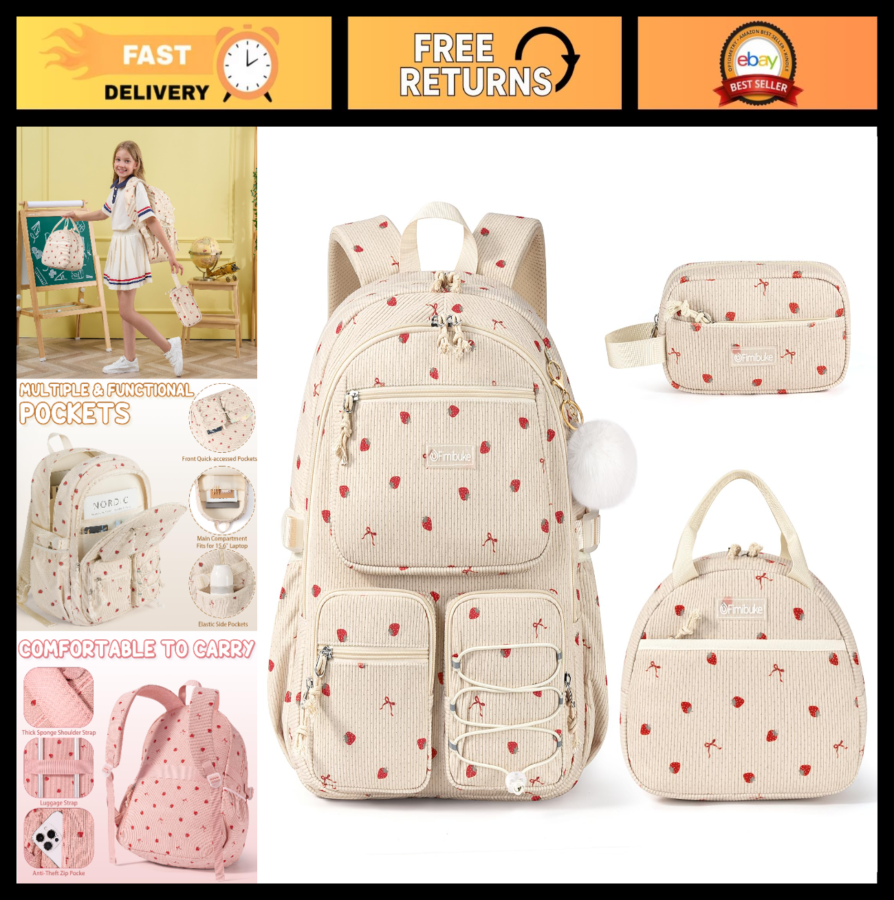 Stylish Corduroy Backpack Set for Girls   3PCS Kids Backpack with Lunch Box0