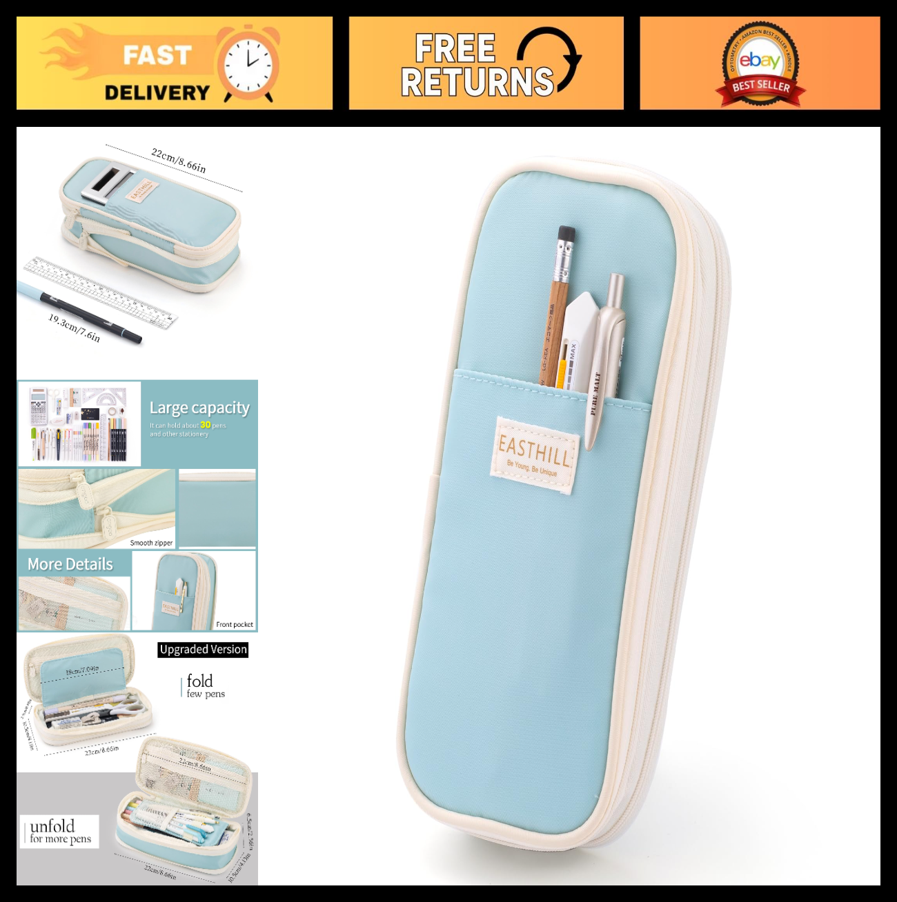 Large Capacity Pencil Case   Big Pencil Pouch for Stationery & Pens   Blue for T0