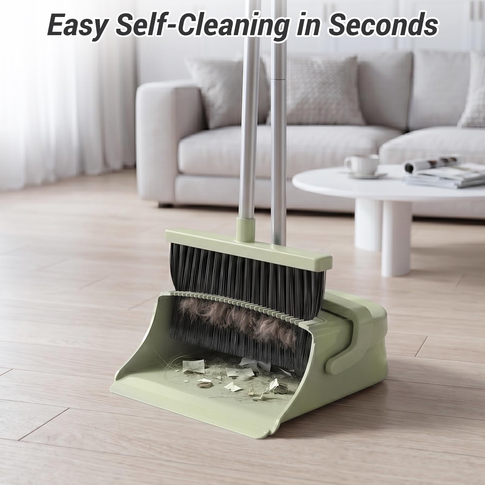 Pet Hair & Dust Broom with Dustpan Set - Long Handle Self-Cleaning for Home, Off4