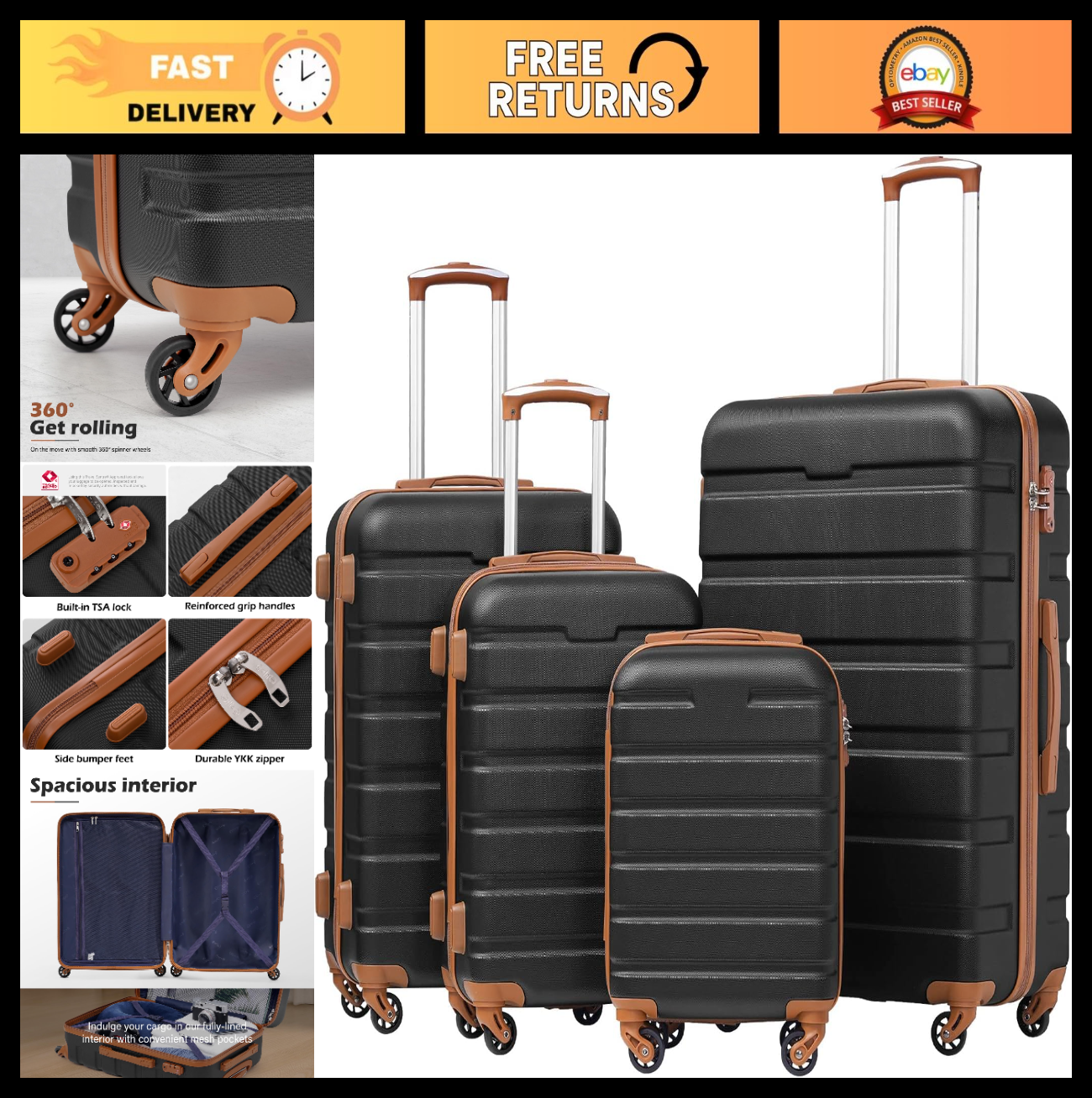 Lightweight Hardshell Luggage Set, 4-Piece Suitcase with 360° Spinner Wheels, TS0