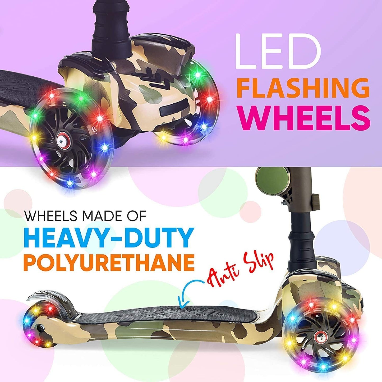 3-Wheeled Kids Scooter with LED Lights, Adjustable Handlebar, Foldable Seat - Si3