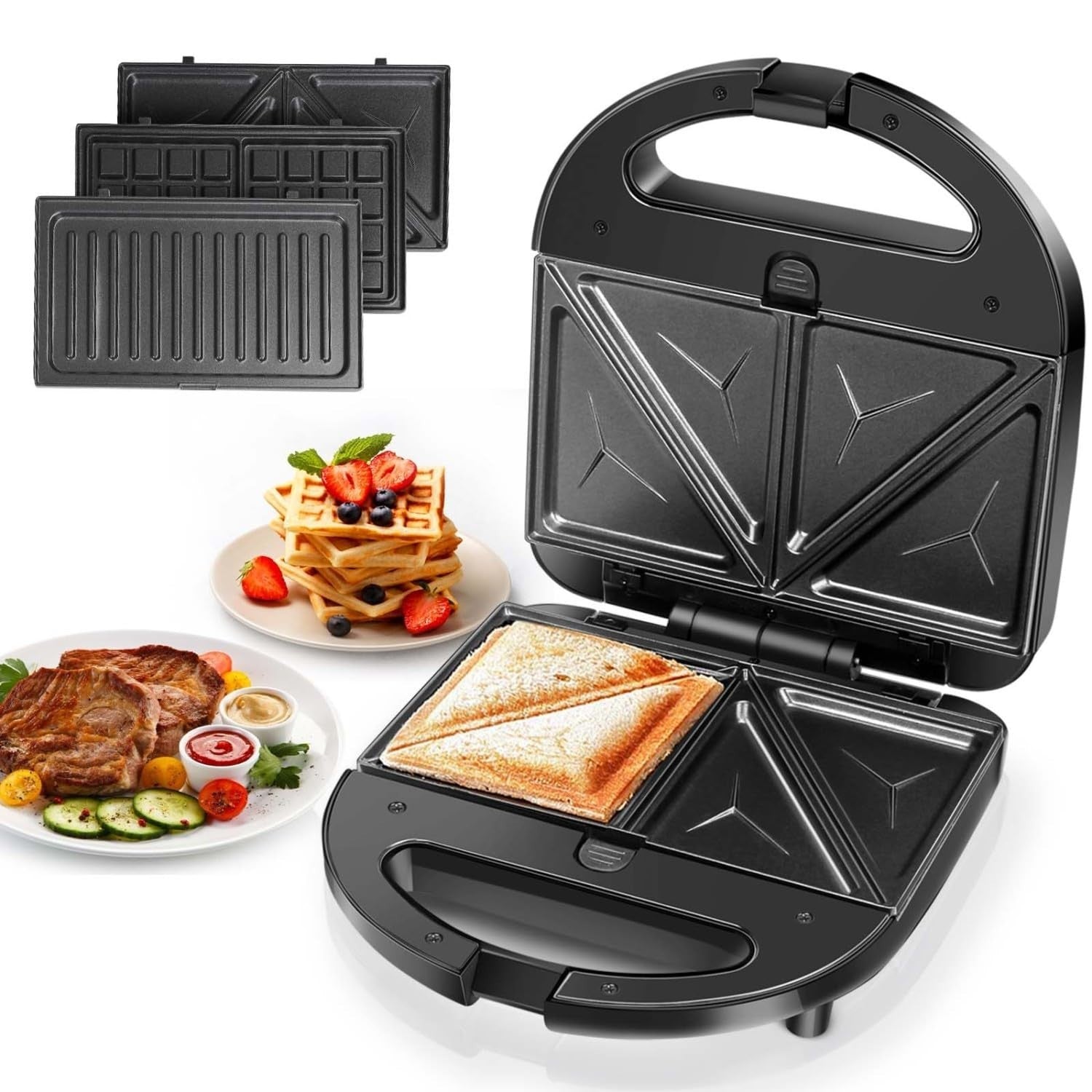 3-in-1 Electric Sandwich Maker & Panini Press with Non-Stick Plates, Waffle Make1