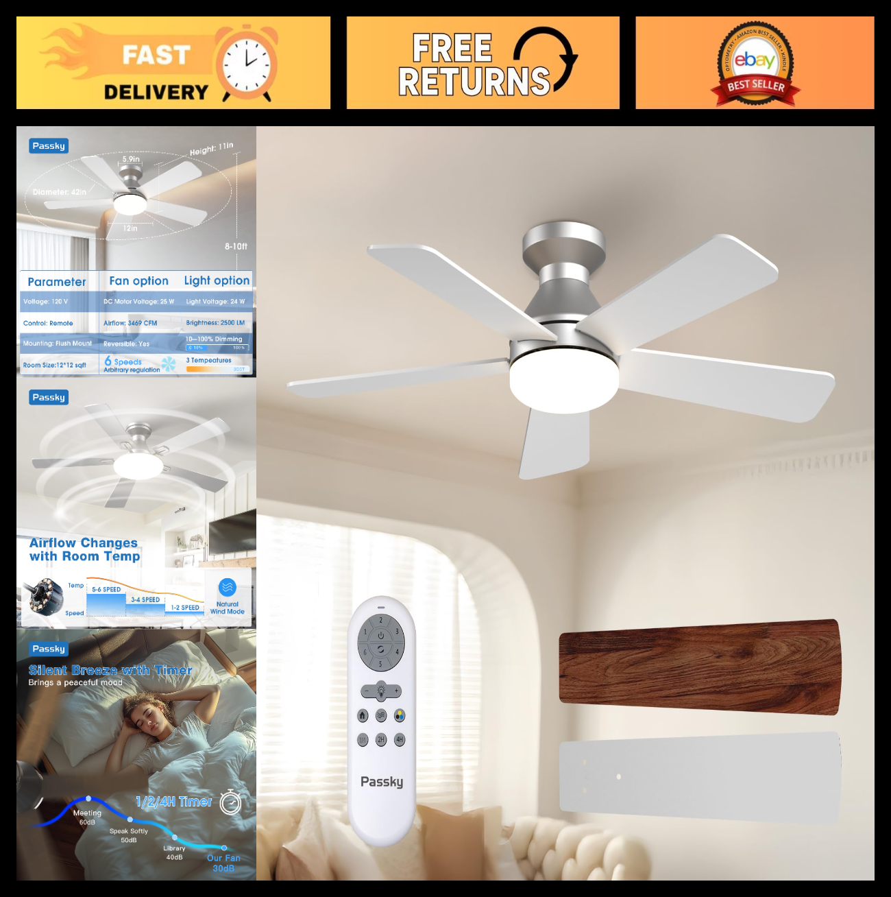 42" Silver Low Profile Ceiling Fan with Lights & Remote | Dimmable, Quiet DC Mot0