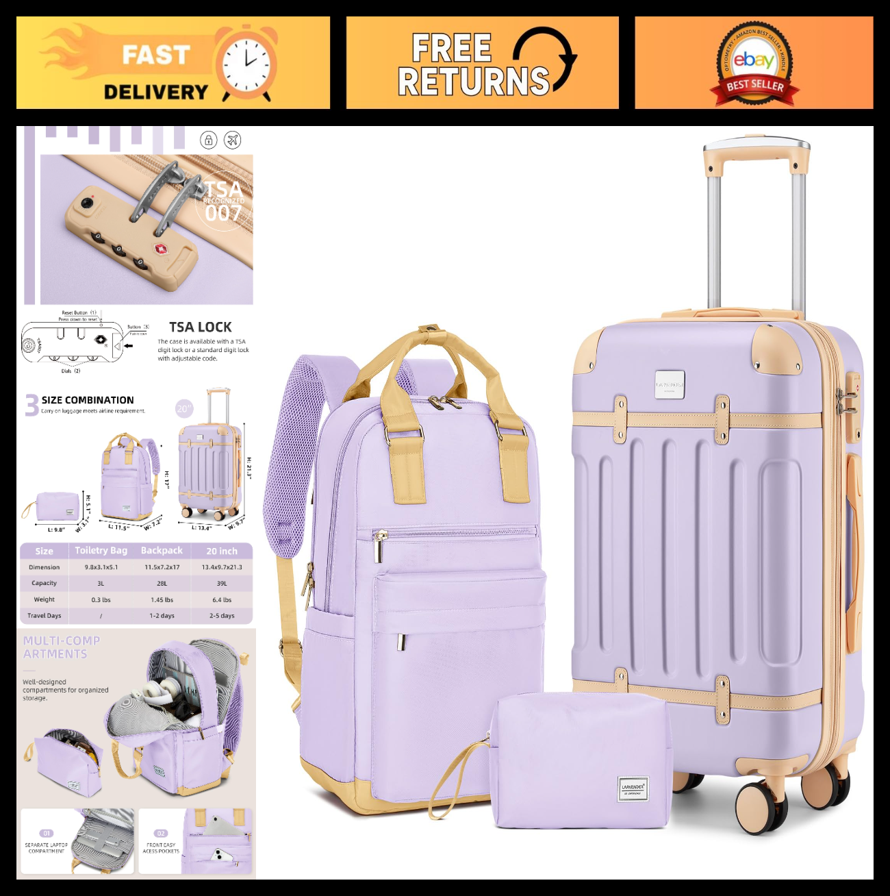 Expandable 3-Piece Carry-On Luggage Set - Lavender, 22x14x9, TSA-Approved, Spinn0
