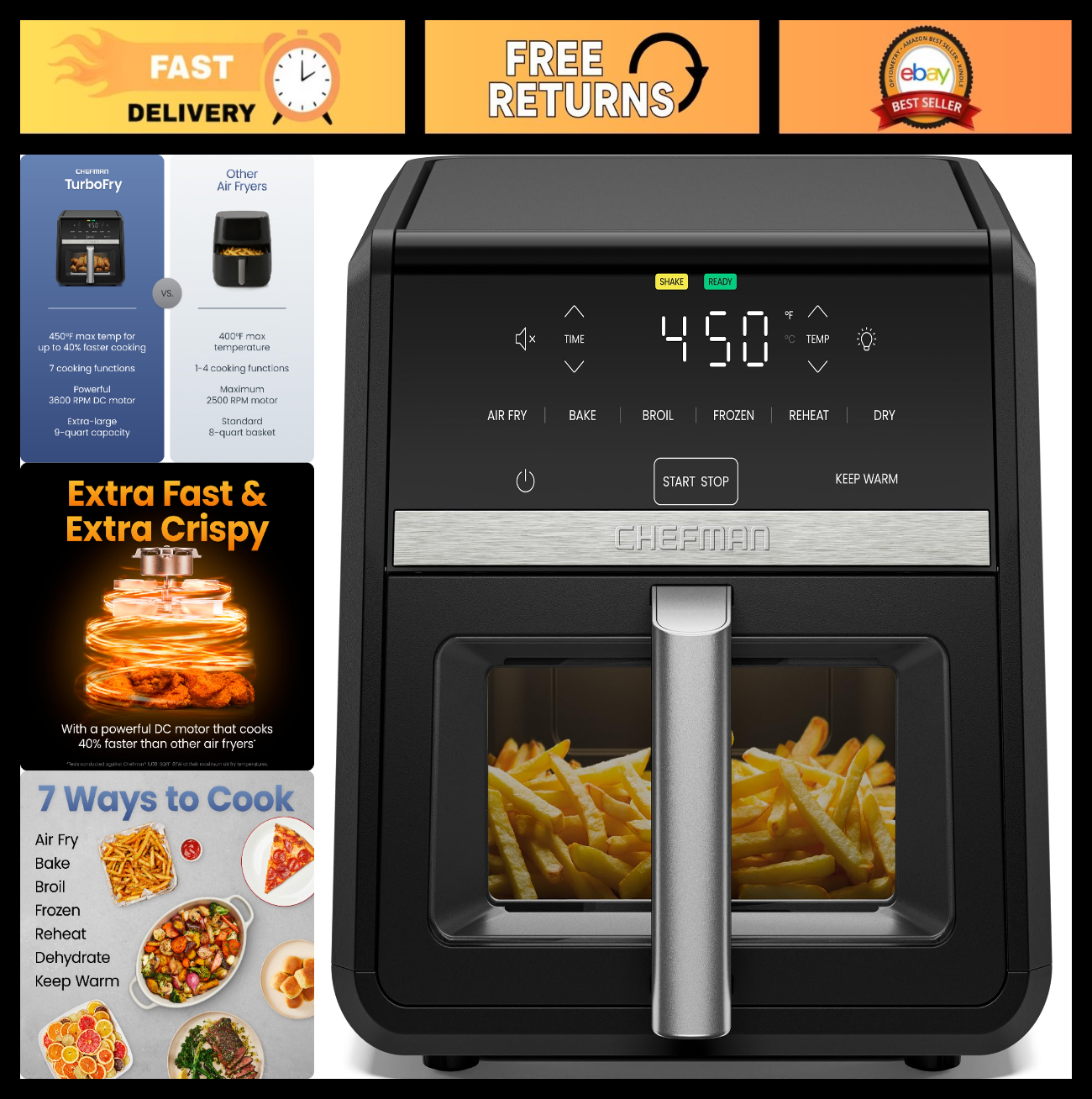9 Qt Air Fryer   7 in 1 High Powered 450°F, XL Basket, Viewing Window, Crisp Res0