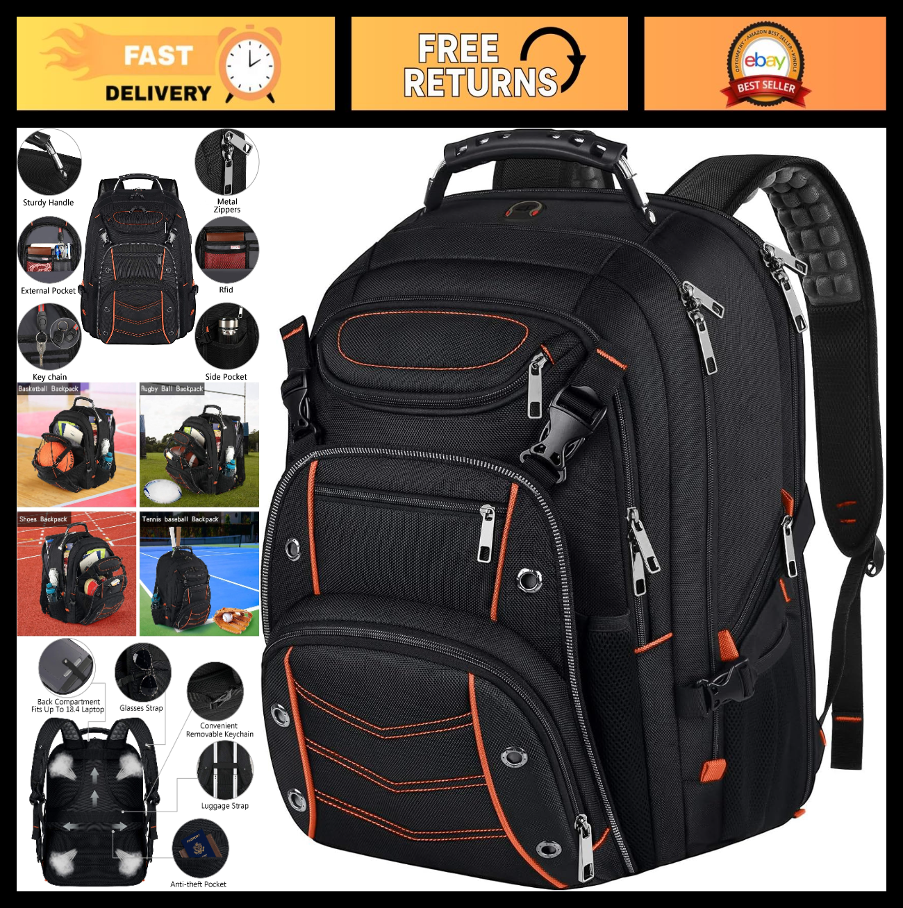 Extra Large 55L Laptop Backpack for Men, TSA Friendly, RFID Anti Theft, Gaming B0