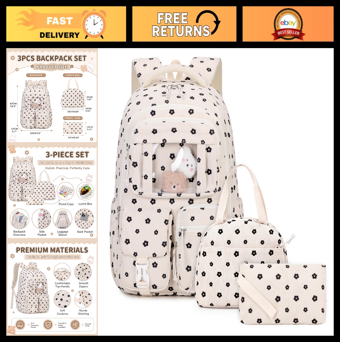 Kawaii Corduroy Backpack Set for Girls - 3PCS School Bag, Lunch Box & Pencil Cas0