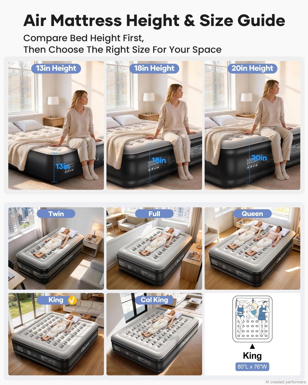 20" Raised King Size Air Mattress with Built in Pump, 1000lb Capacity, Flocked T7
