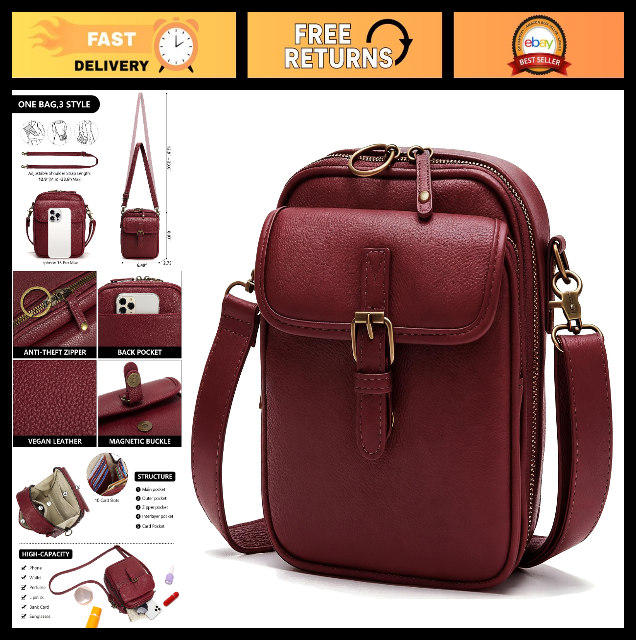 Vegan Leather Small Crossbody Bag for Women, Vintage Anti-Theft Messenger Purse0