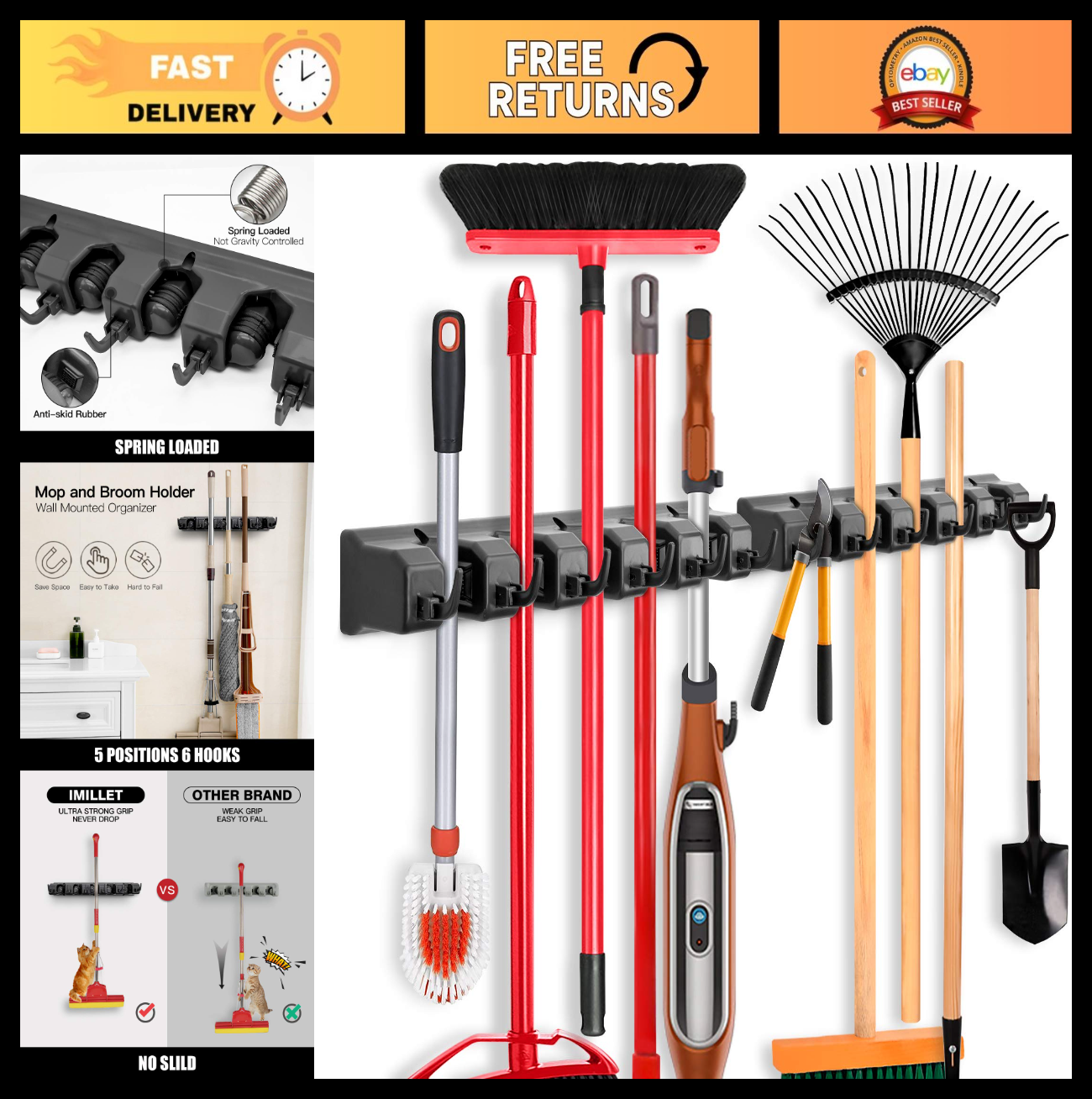 2 Pack Wall Mount Mop Broom Holder - Storage Organizer Rack for Cleaning Tools0