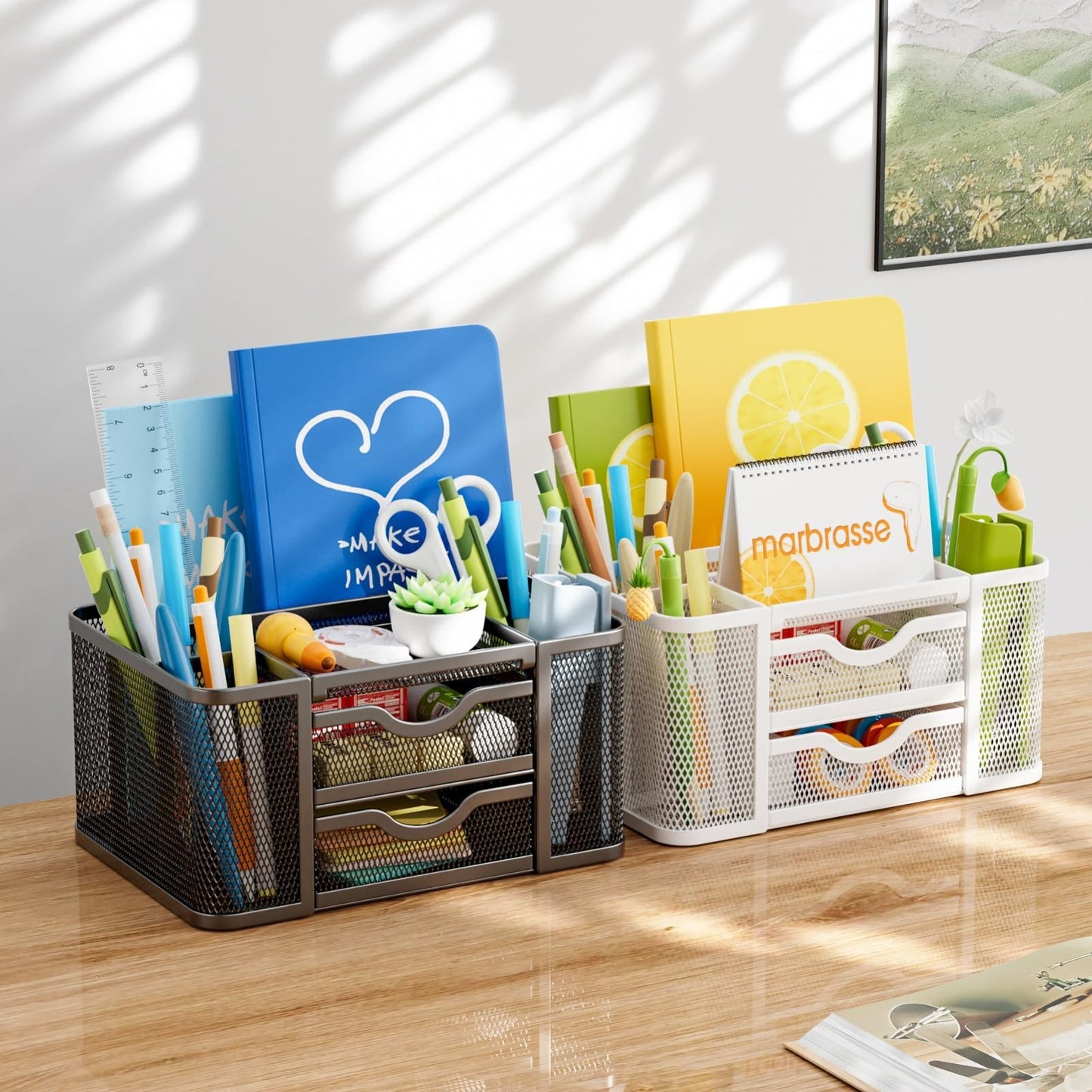 Multi Functional Mesh Desk Organizer with 2 Drawers, 5 Compartments, White Penci1