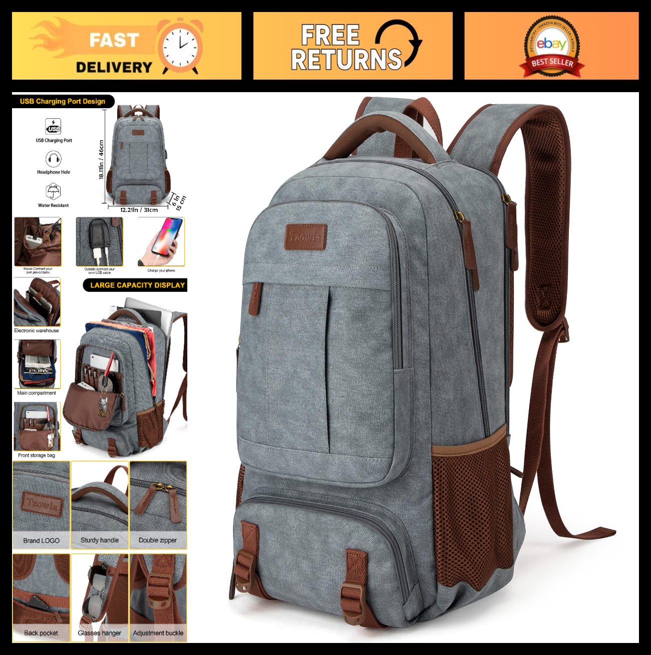 Stylish Canvas Laptop Backpack for Men & Women, 15.6" Rucksack, Large Capacity T0