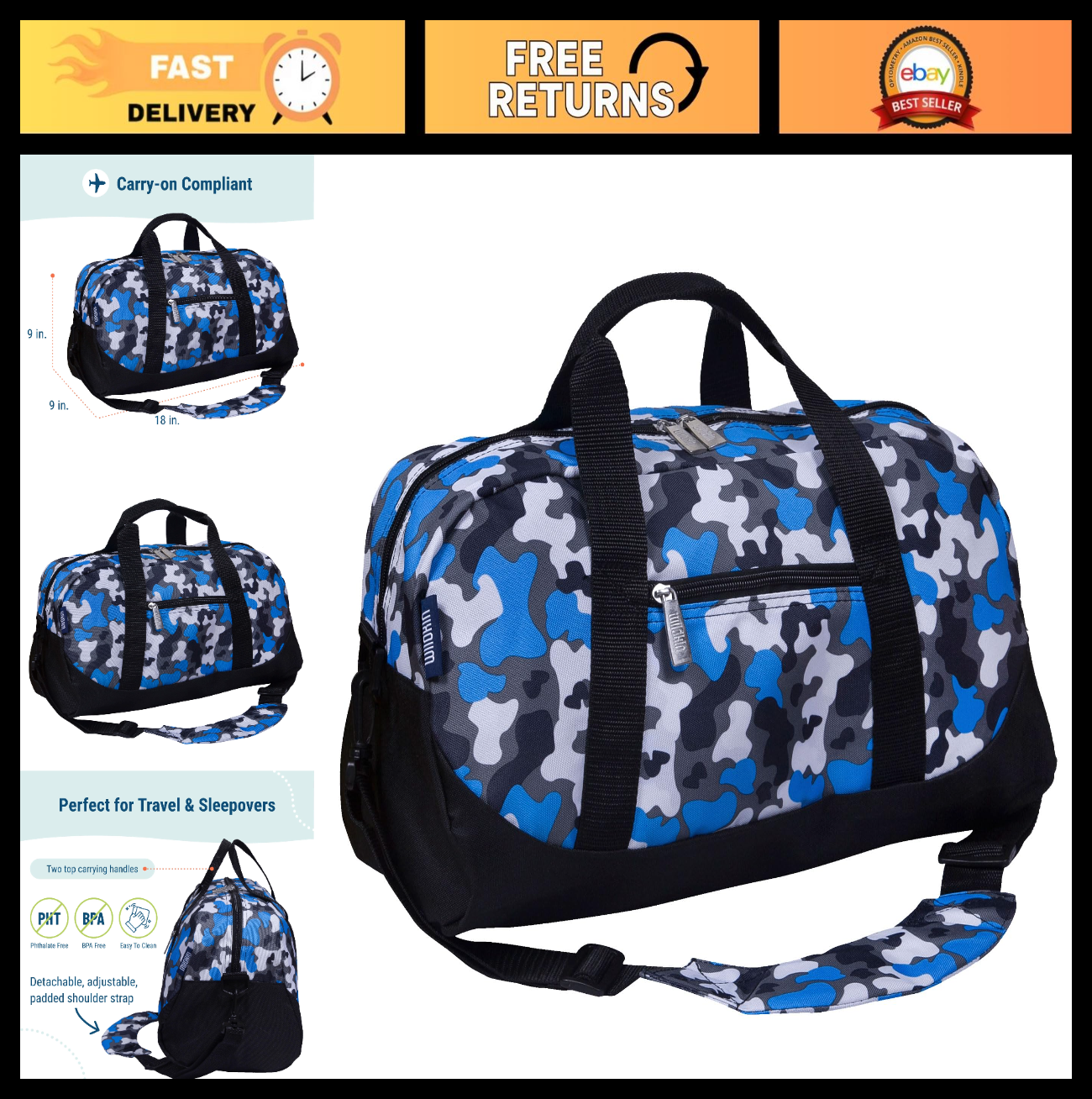 Kids Overnighter Duffel Bag - Lightweight Travel Bag for School & Sleepovers, Bl0
