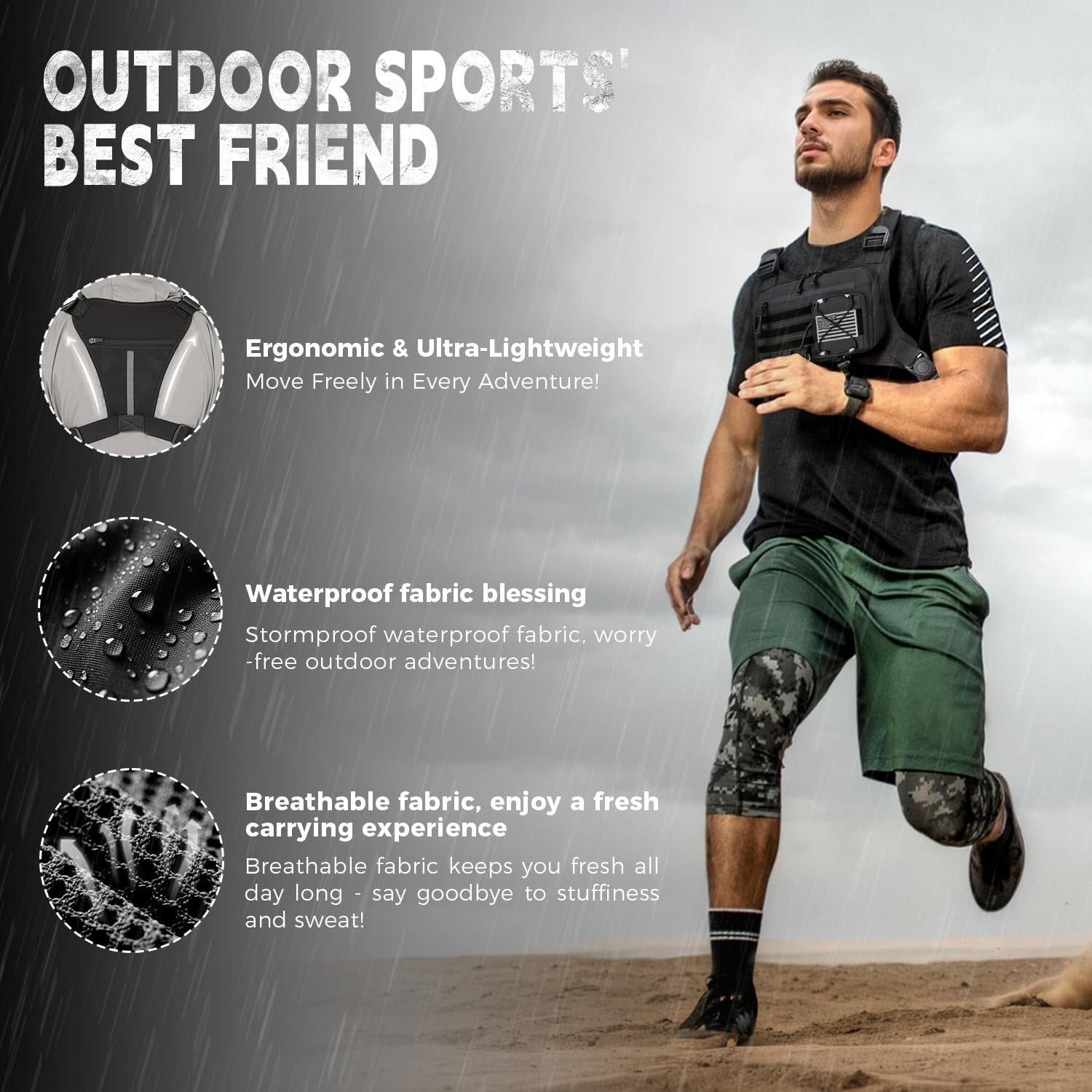 Men's Outdoor Chest Bag - EDC Travel Vest Holster for Running & Hiking, Fits Mos3