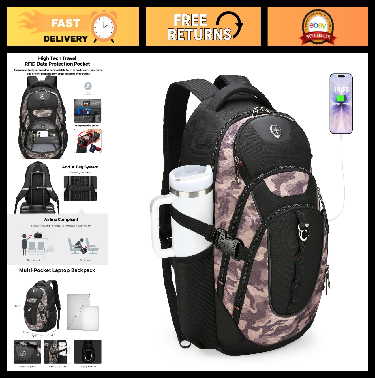 Laptop Backpack with USB Charging Port, 15.6" Travel Backpack, 31L College Bag,0