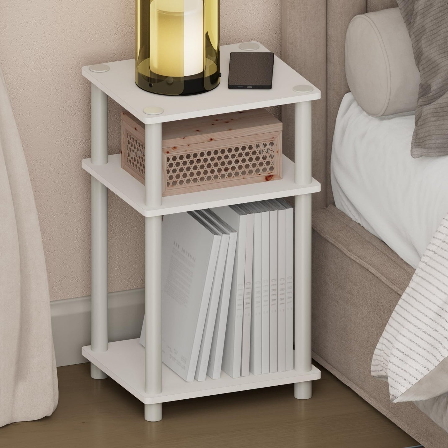 3-Tier Open Storage Nightstand, Modern White Design, Easy Assembly, Versatile Us1