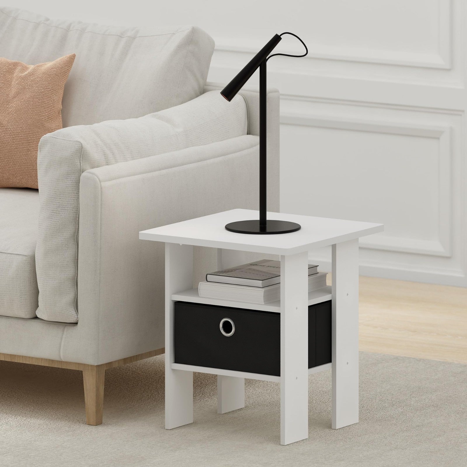 Stylish Side Table with Open Shelves & Storage Bin - Nightstand for Living Room/3