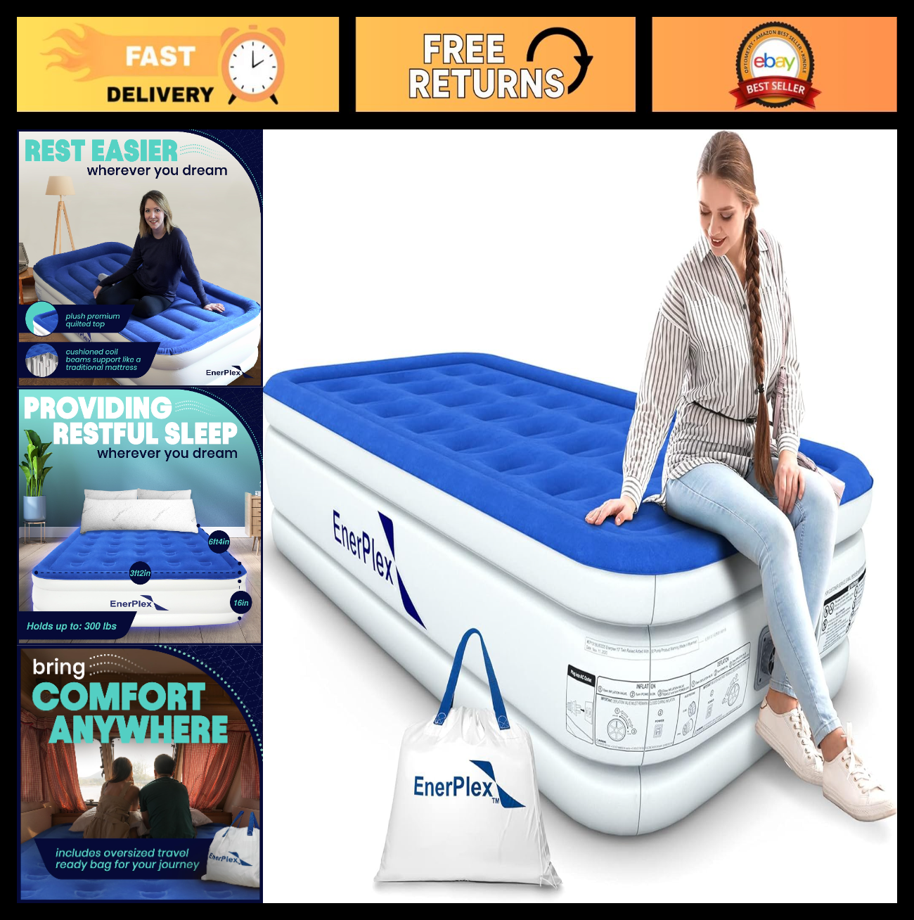 Self Inflating Air Mattress with Built in Pump & Neck Support   Portable Inflata0