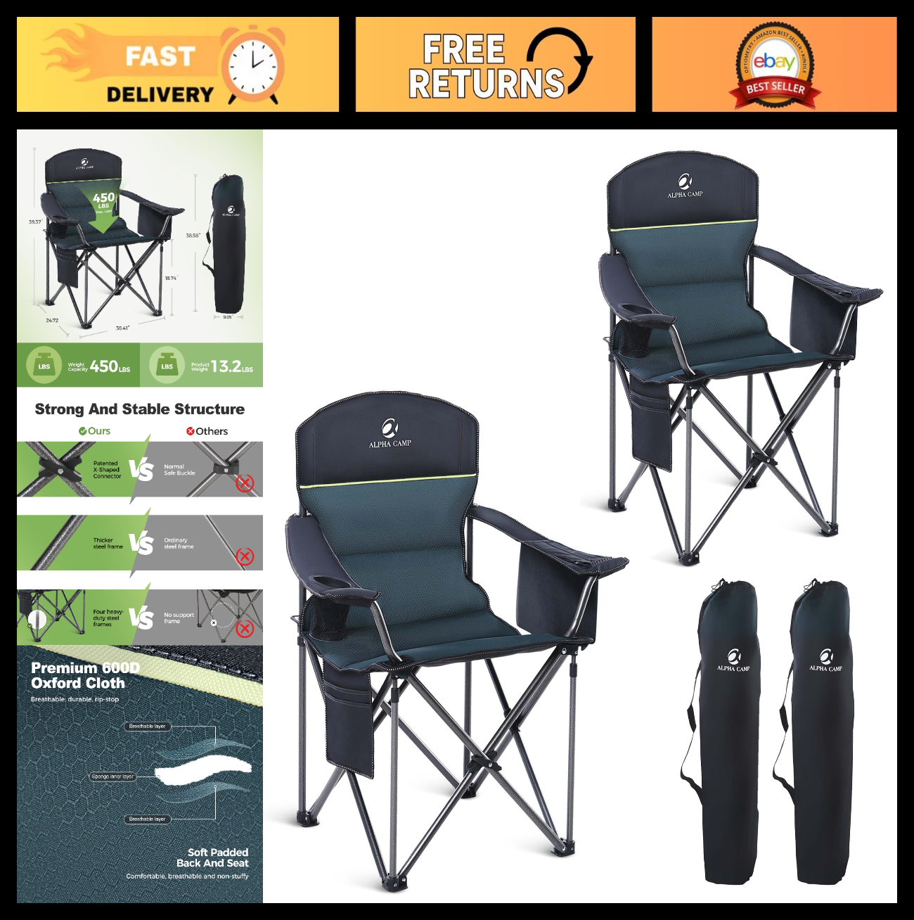 Oversized Portable Folding Camping Chair - Heavy Duty Padded, 450LBS Support, Cu0