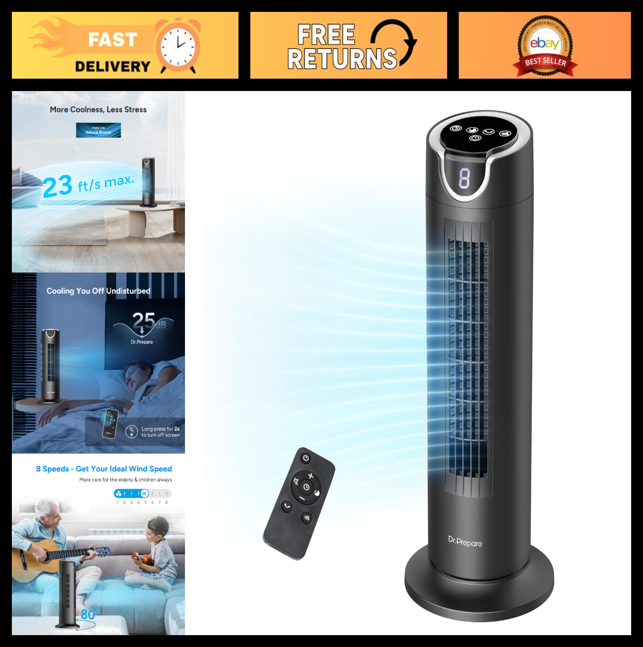 Quiet Bladeless Tower Fan with Remote, 8 Speeds, 80° Oscillation, 16" Portable I0