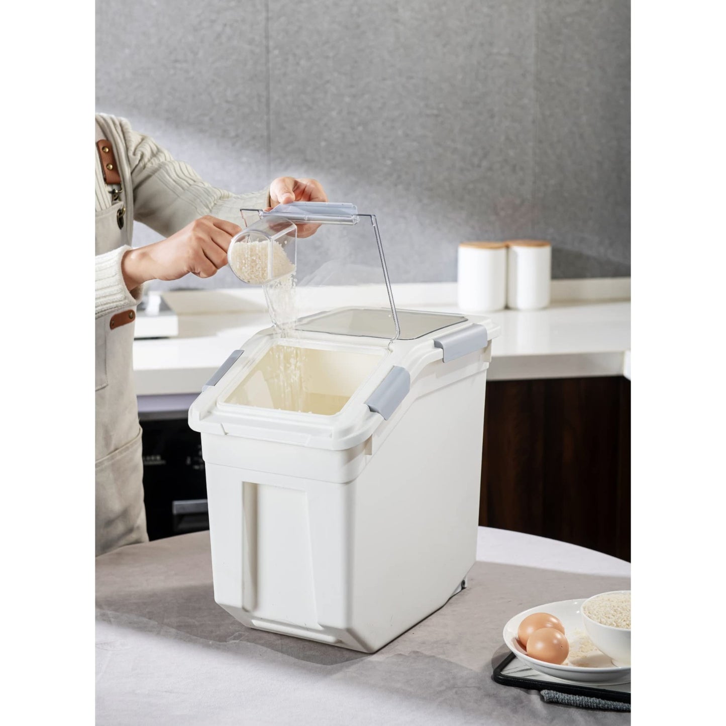 25L Rice Storage Container Set   BPA Free, Includes Measuring Cup, 2 Count, Whit3